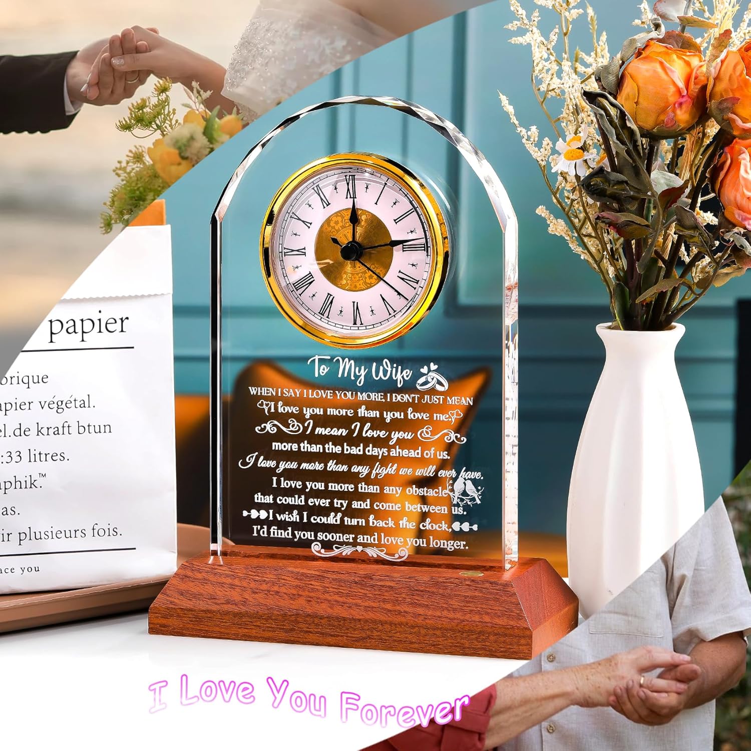 Gifts for Wife from Husband - Crystal Clock with Wooden Light Base, Christmas, Birthday, Wedding Anniversary Wife Gifts Ideas, to My Wife Plaque Presents for Valentine's Mother's Day - Image 9