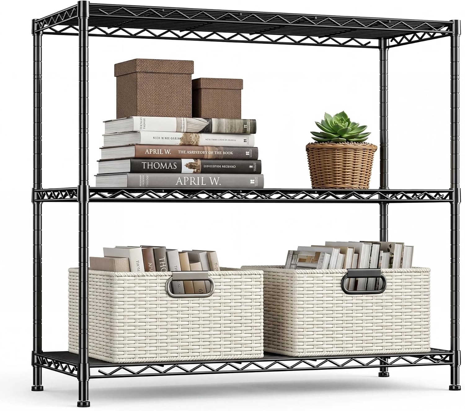 3 Tier Shelf Metal Shelving Unit 35.6"Wx14"Dx36"H,Adjustable Storage Shelves Heavy Duty Garage Steel Shelving for Office,Wire Rack Small Shelf for Kitchen Shelves Laundry Bathroom Pantry Closet Black