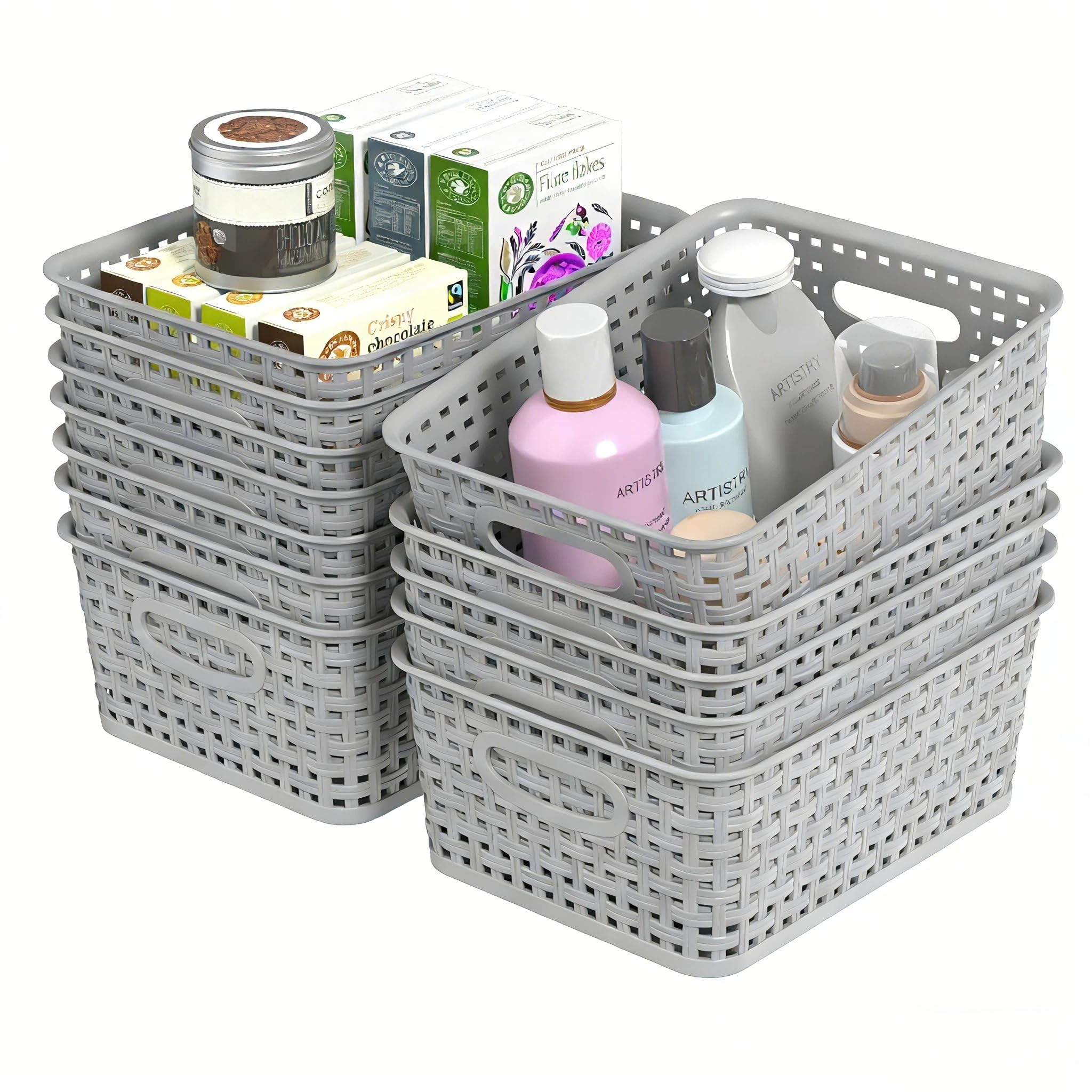 Oymlclivisa 12-Packs Plastic Woven Storage Basket, Small Weave Box, Grey