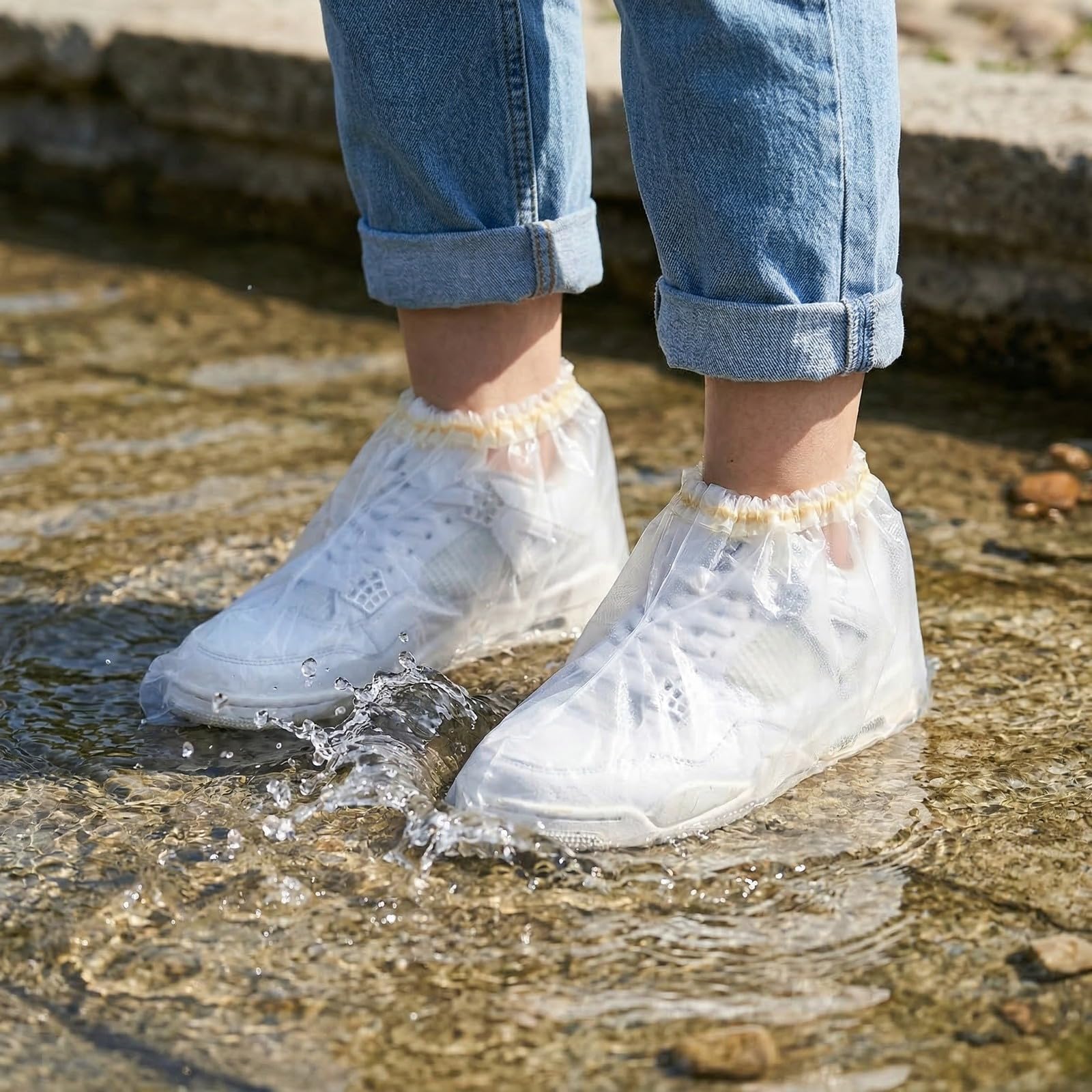 Photo 1 of 10 Pairs Disposable Plastic Shoe Covers, Waterproof Overshoes for Men & Women, Transparent PE Boot Covers for Rain, Indoor & Outdoor Use
