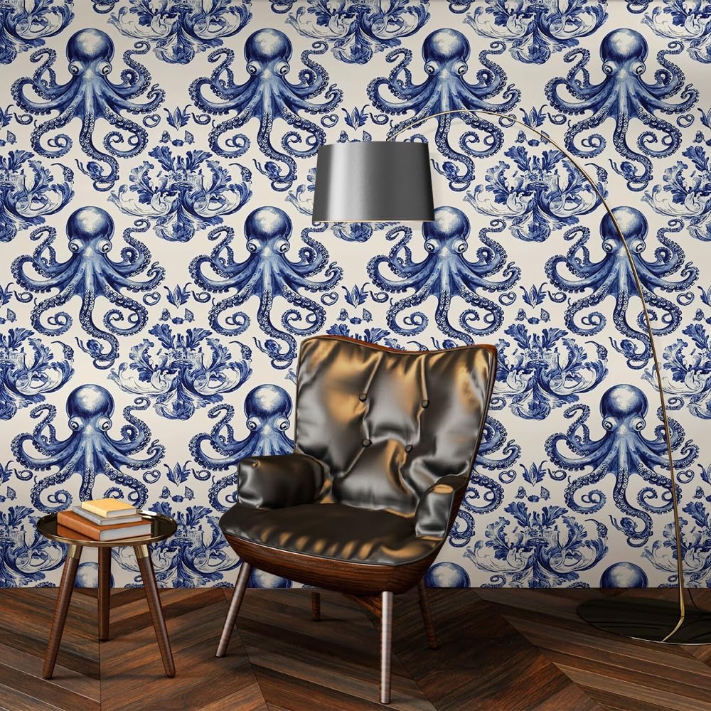 18"x236" Ornate Whimsical Blue White Octopus Leaf Peel and Stick Wallpaper Easy Peel Off Contact Paper Vintage Vinyl Self Adhesive Removable Stick on Wall Paper for Kitchen Cabinet Renter Friendly