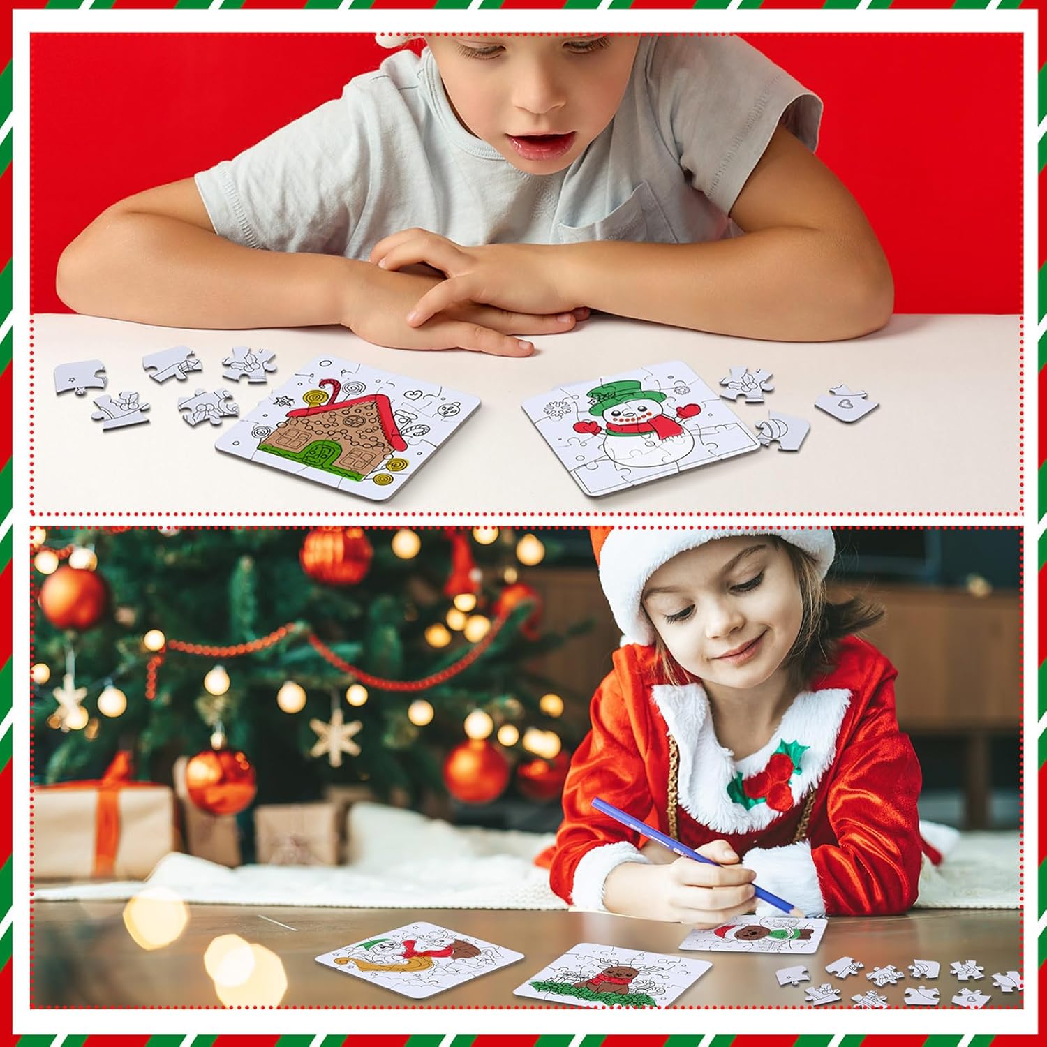 Realspring 24 Pack Color Your Own Jigsaw Puzzles for Kids Coloring Puzzles DIY Paper Jigsaw Bulk Party Favors Gifts Exchange Classroom Activities Home Educational Game Toy(Winter)