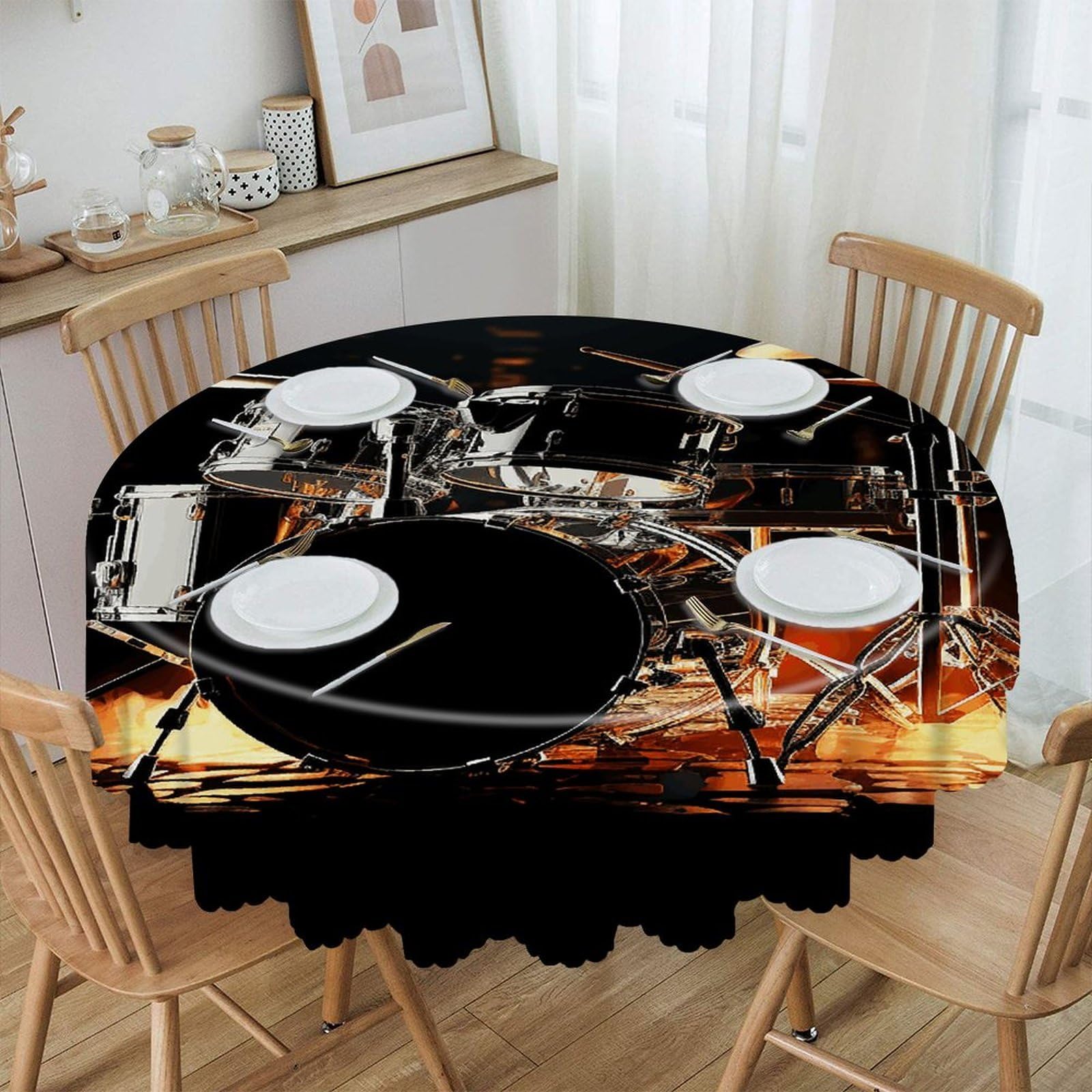 VstaDank Drummer Round Tablecloth Premium Polyester Table Cloth Heavy Duty Washable Fabric Tablecloth Waterproof Holiday Table Cover Decorative Tablecloths for Dining 60"