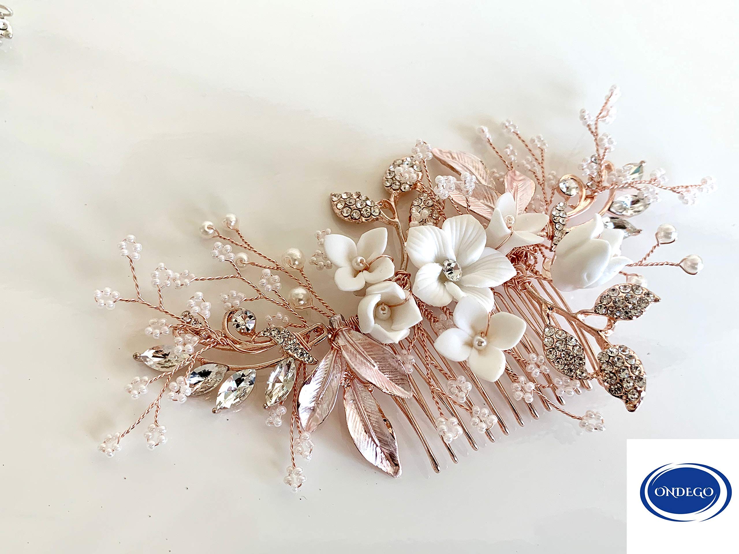 Rosegold Brauthaarschmuck Haarkamm – Handgefertigter 3D Blumen Haarschmuck mit Perlen & Strass – Leichter Haarkamm für Hochzeit Brautfrisur Festliche Anlässe