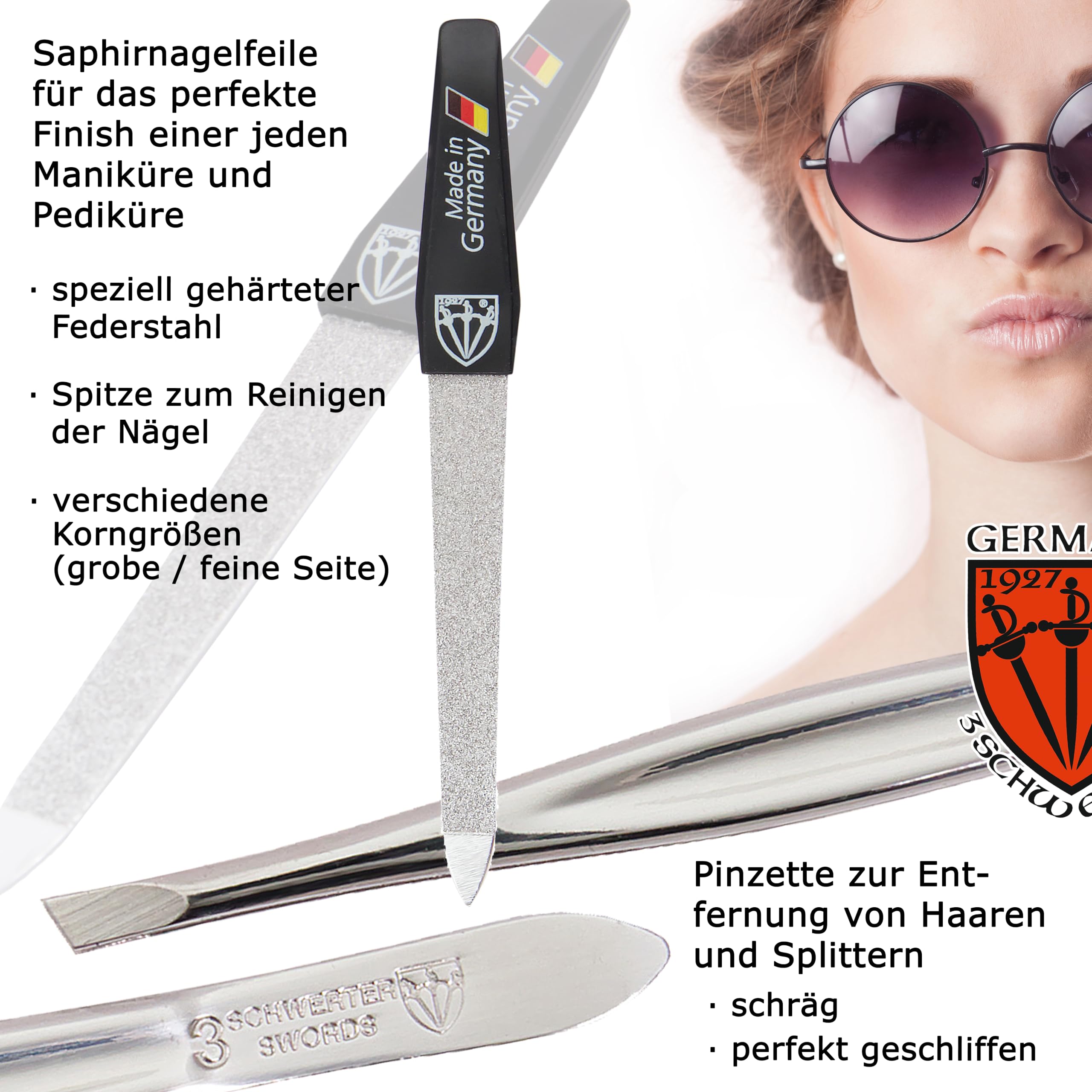 DREI SCHWERTER Germany zestaw do manicure zestaw do paznokci 'Bari' – 4-częściowy ze sztucznej skóry w stylu moro, zawartość: pęseta, szafirowy pilnik do paznokci, obcinacz do paznokci u rąk, obcinacz