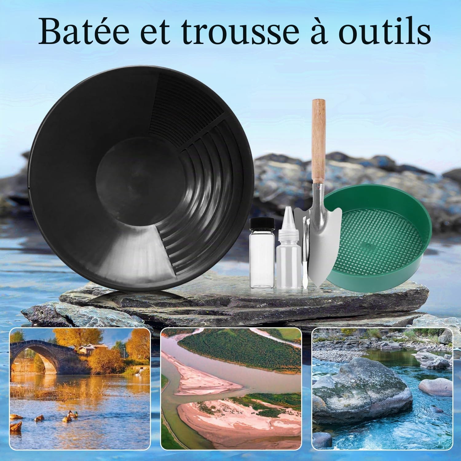 Kit Orpaillage, Batee Orpaillage, Gold Pan Kit, Rampe Orpaillage, Gold Tamis Classificateur Plateau Tamis Accessoire, pour Sable Or Mines Lavage Manuel Or Panning