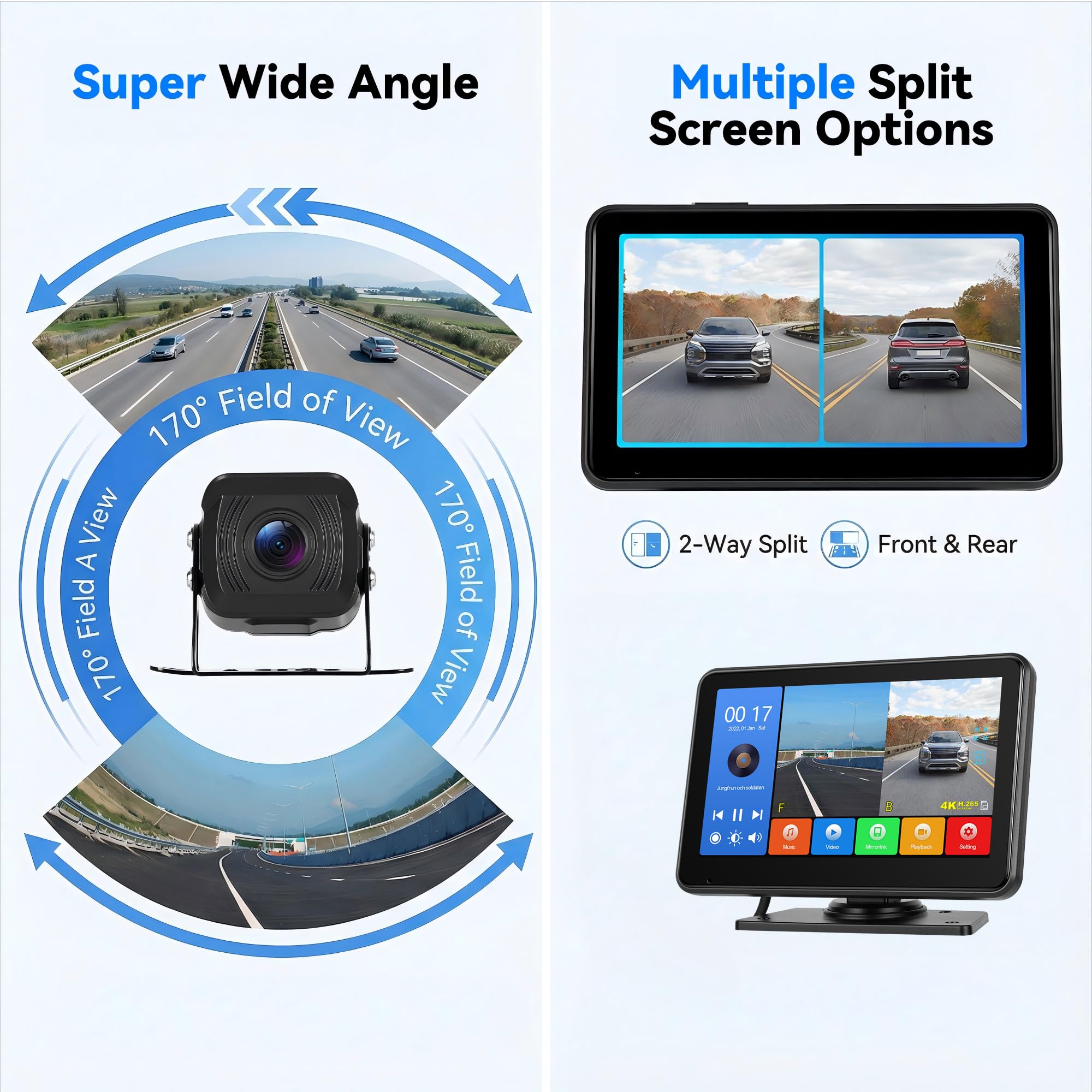 SIXWIN Kit 1080P Telecamere Retromarcia Cablata con Touchscreen Monitor 7 Pollici,2 HD Telecamere con Visione Notturna, Impermeabile IP68, Registrazione a Loop, BSD, Camper,Auto, Bus, 9V-36V
