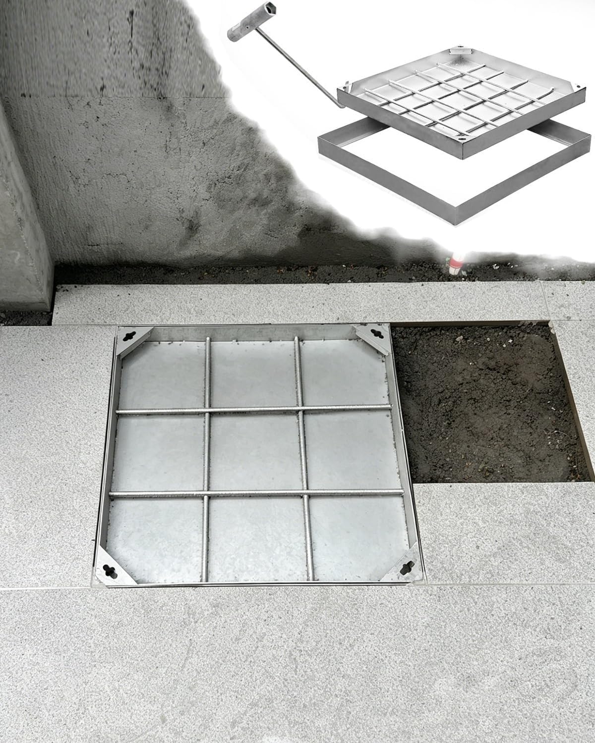 AVLLSO Manhole Cover Stainless Steel Manhole Cover with Lifting Hook and Frame, Driveway Well Septic Tank Lid for Outdoor Indoor Use(60x60 cm)