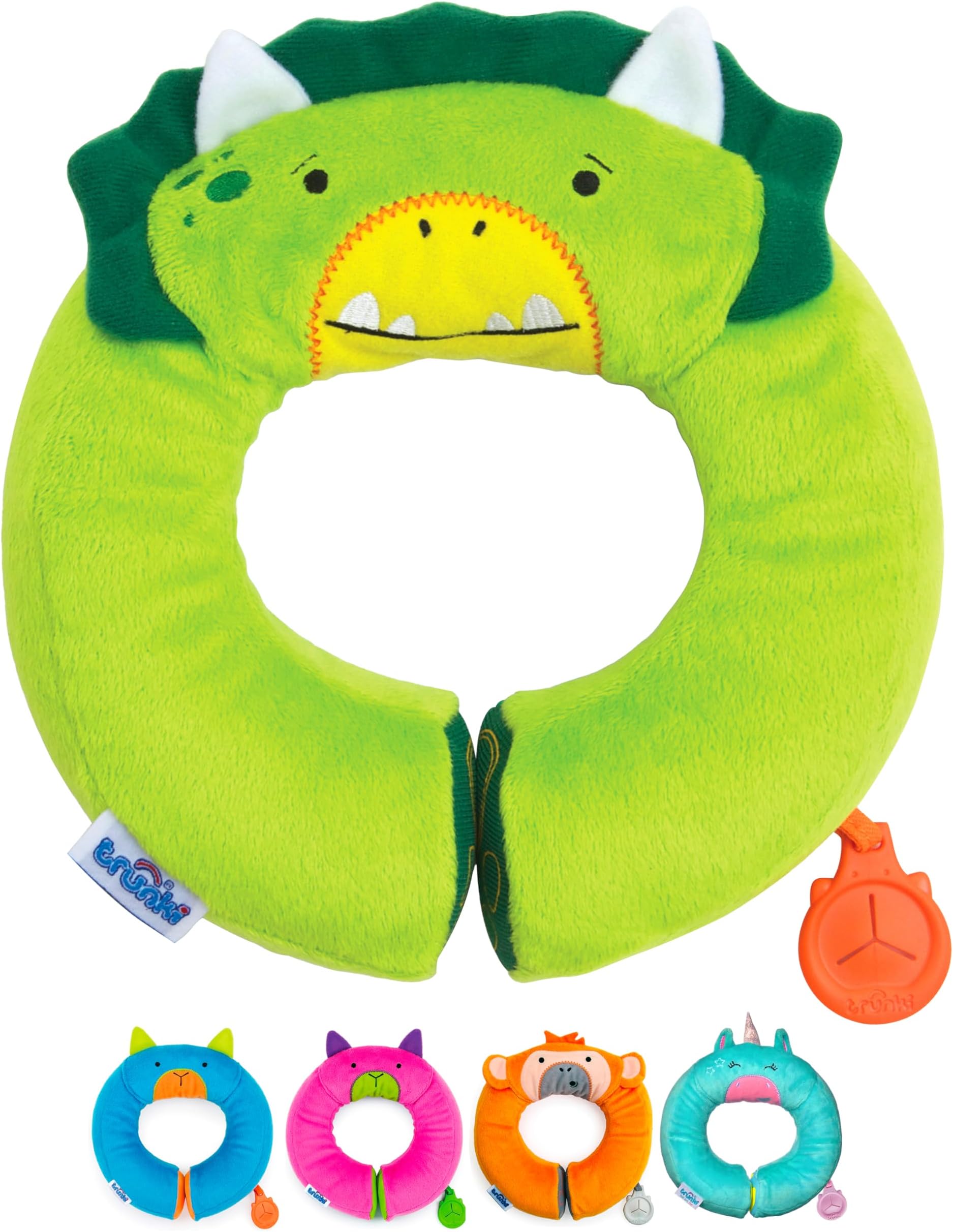 Trunki Kid's Travel Neck Pillow And Chin Rest | Support Sleepy Heads in the Car Seat, Plane, Bike or Pram | Yondi SMALL Dudley Dinosaur (Green)