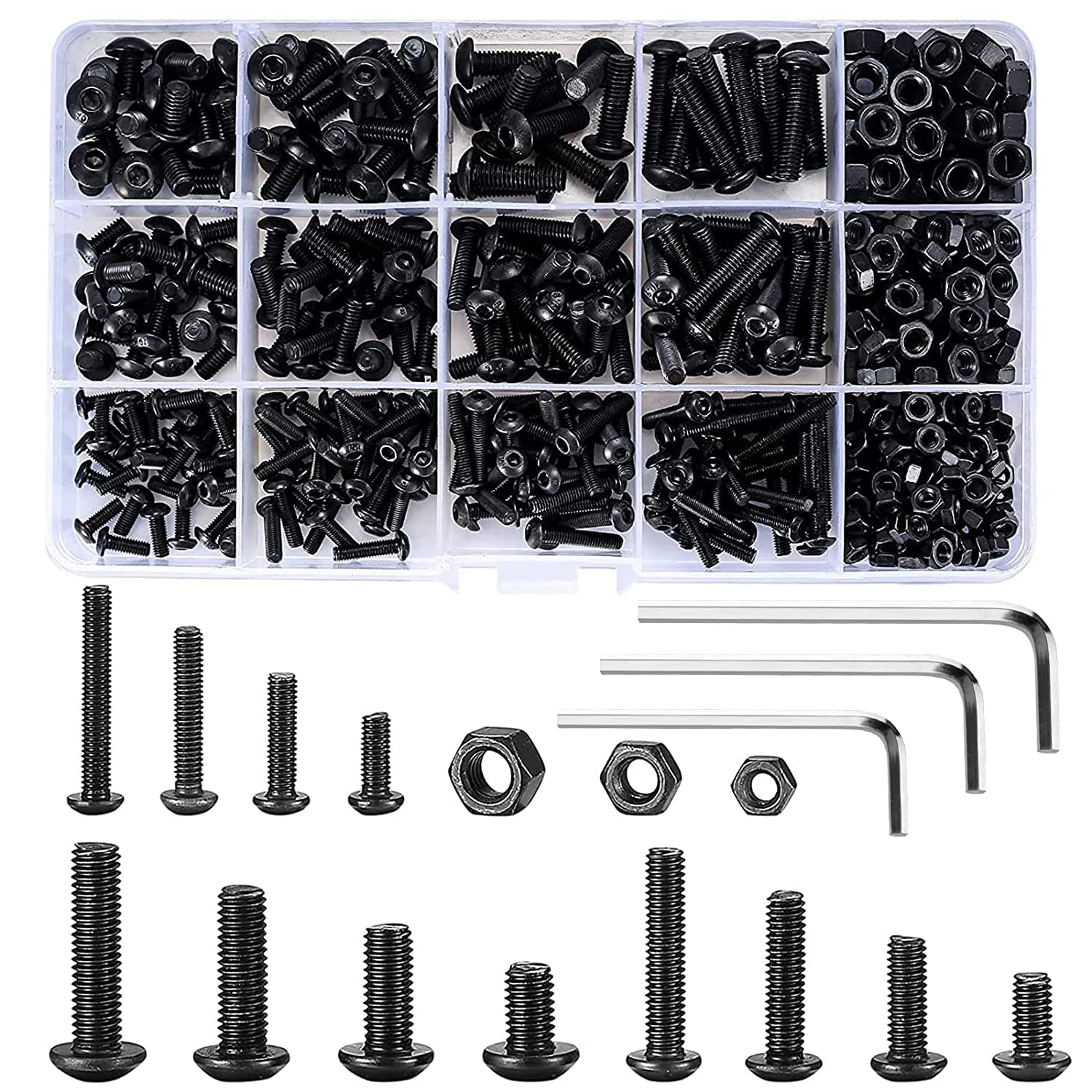 TOTSUN 750 Pcs Carbon Steel Nuts and Bolts Washers set Assorted M3 M4 M5 Black Thread Fastener Machine Hex Bolts and Nuts Assortment Kit with Box and 3 Hex Wrenches for Home Office Industrial