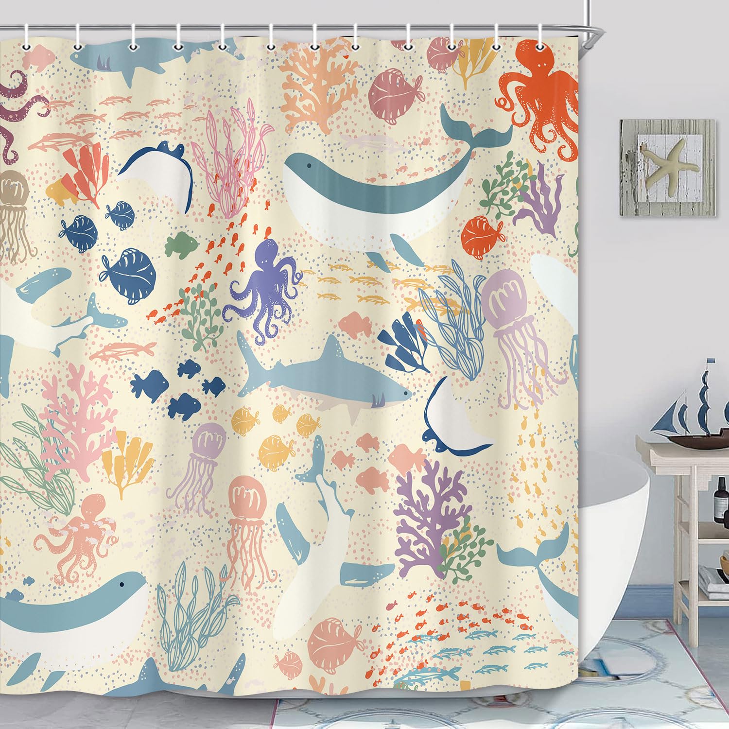 Shark Shower Curtain, Yellow Boho Ocean Fish Shower Curtain Abstract Underwater Animal Cartoon Bathroom Curtain with Colorful Fabric Shower Curtains for Kids Bathtub Decor (47 X 64 inch)