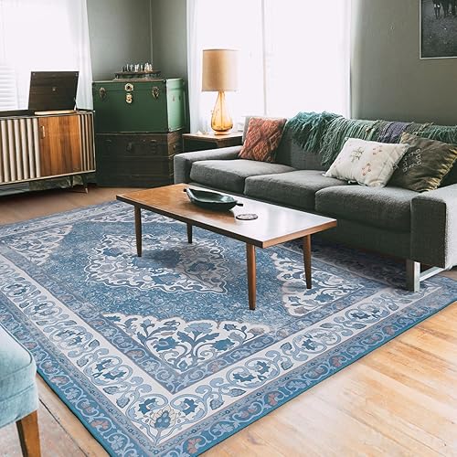 Alfombra de sala de estar, alfombra de área de 5 x 8 pies para dormitorio, alfombra bohemia azul persa, alfombra suave de espuma viscoelástica,