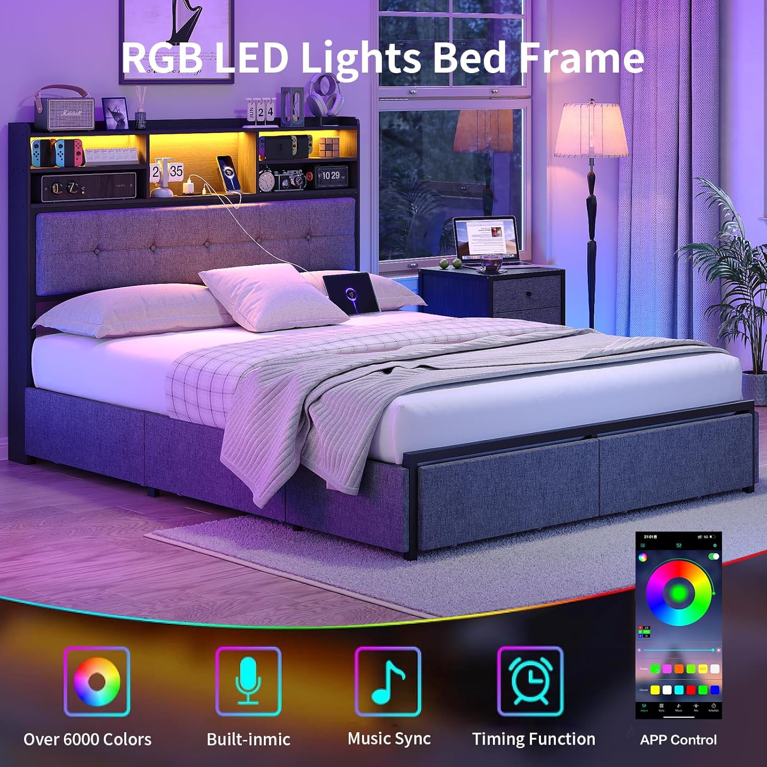 Full Size Bed Frame with 6 Storage Drawers, USB Charging Station & RGB LED Headboard, Upholstered Platform Bed with 2 Outlets, No Box Spring Needed, Noise-Free, Black