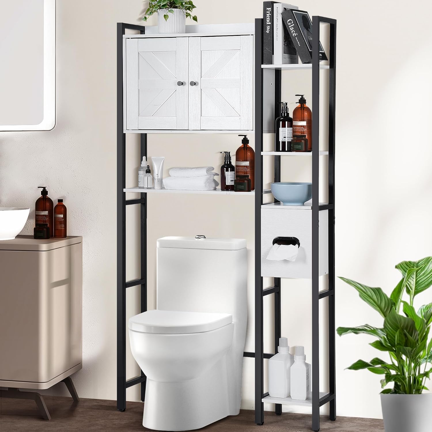 Over The Toilet Storage Cabinet, Farmhouse Metal Bathroom Space Saver Organizer with Double Doors and Paper Holder Stand, Wooden Toilet Rack for Restroom, Laundry, Metal