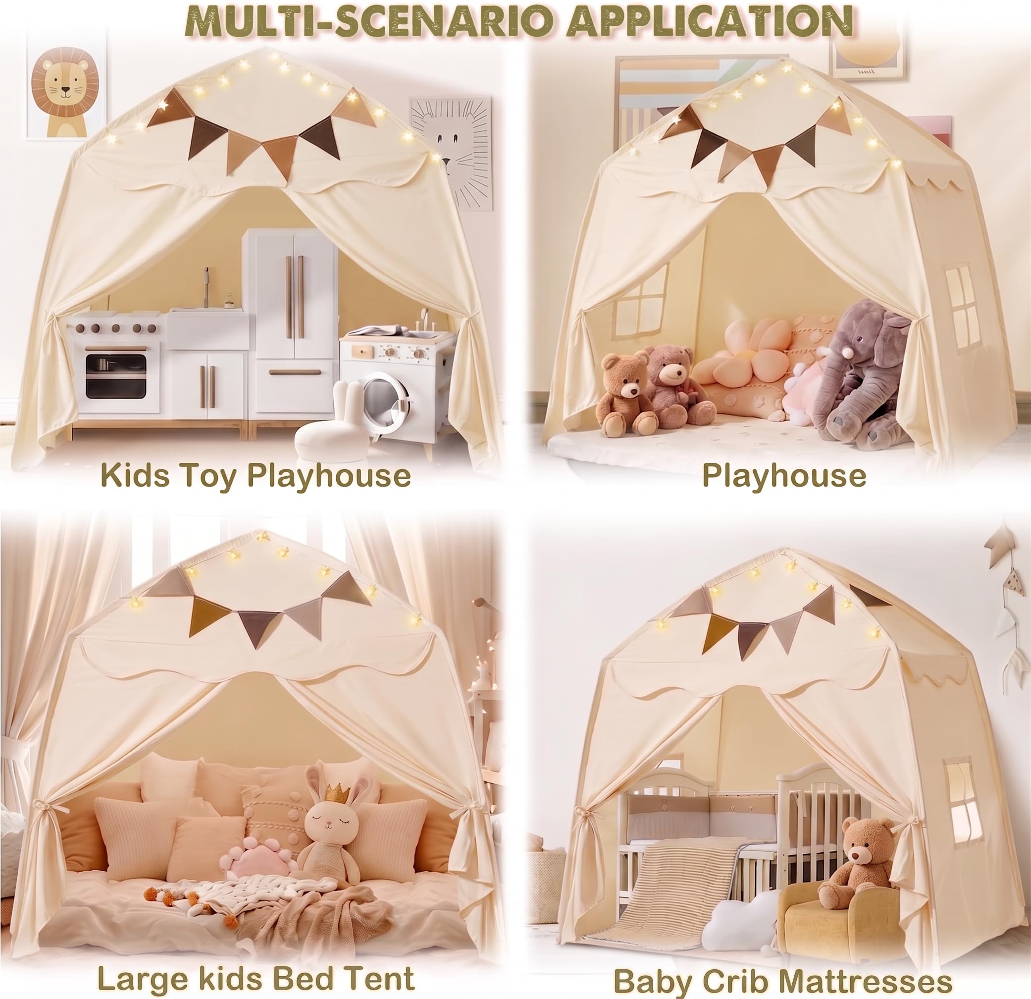 Spielzelt für Kinder, Kinderzelt Spielhaus Indoor Kinderzimmer Deko Für Drinnen Spielzelt Spielgeräte Spielzimmer Faltbares Spielhaus (Beige, Zelt & Lichterkette)