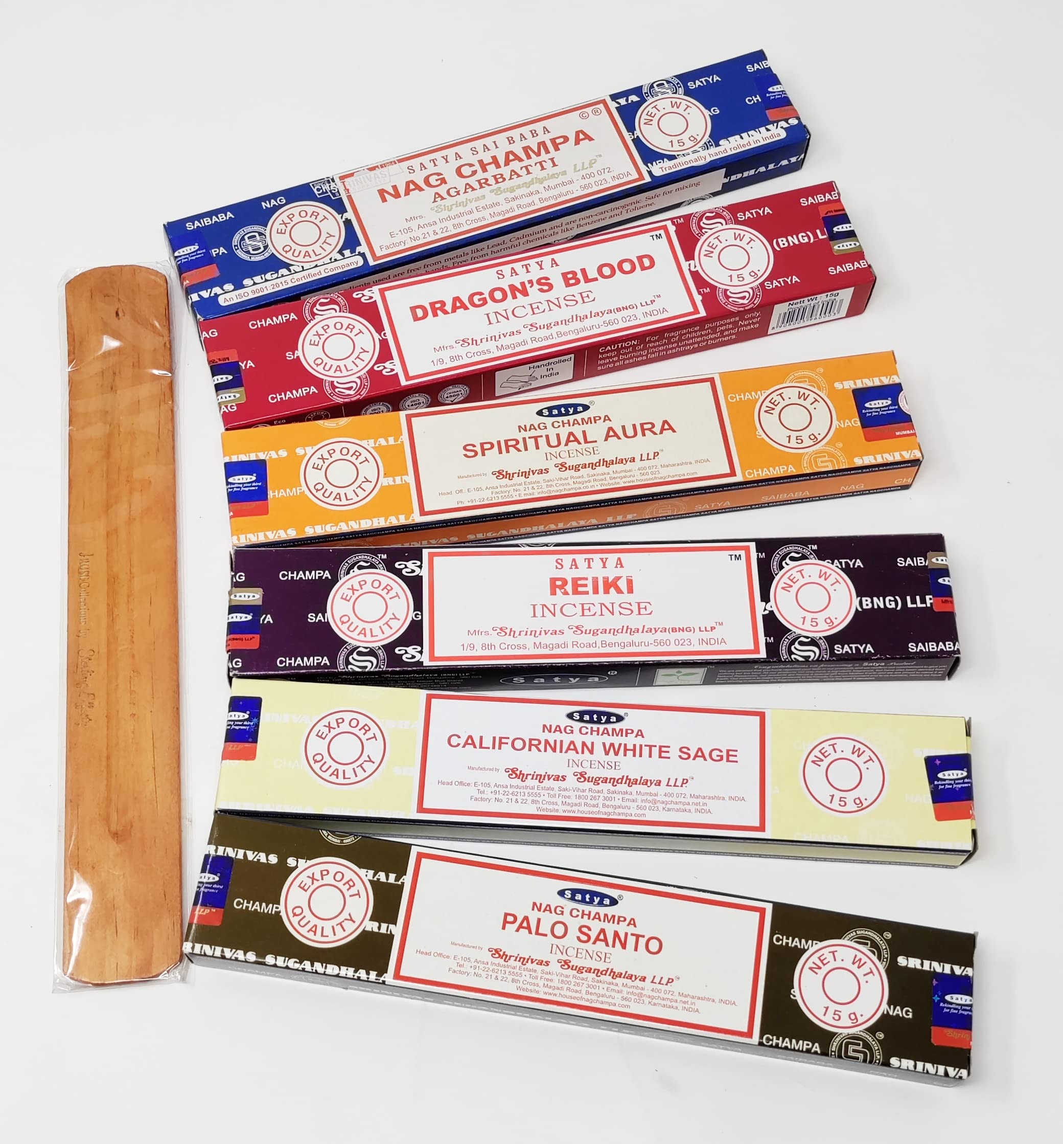 Satya Incense Sticks Palo Santo, Californian White Sage, Reiki, Spiritual Aura, Dragons Blood, Nag Champa with JRose Incense Holder, 15g Box SetD