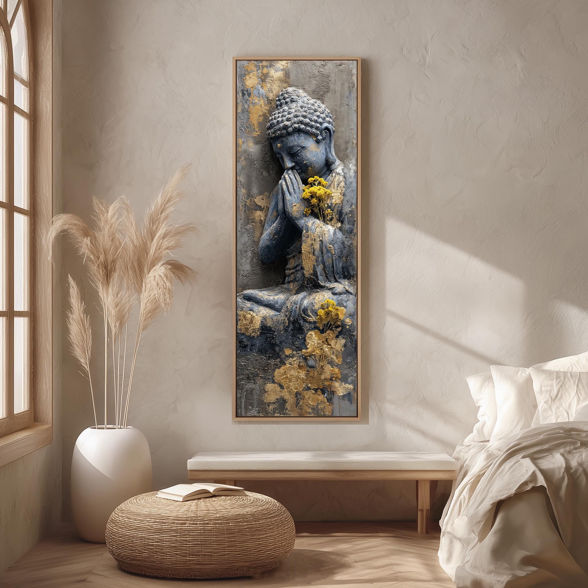YUSUZHU Praying Buddha Wall Art, Vertical Zen Canvas Painting, Tall Narrow Gold Leaf Decor Meditation Print Stone Statue Posters(35x105cm/Frameless)