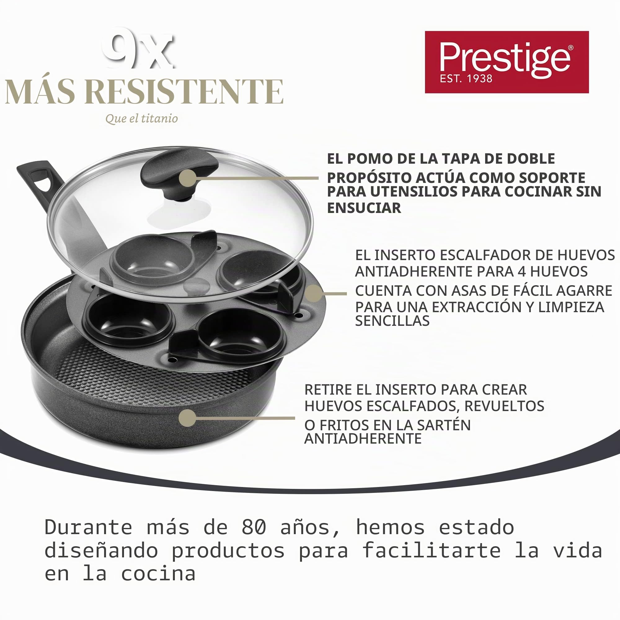 Prestige Sartén escalfadora de huevos 2 en 1 con 4 insertos antiadherentes para escalfar huevos y sartén de inducción de 20 cm con tapa, mango que se mantiene fresco, utensilios de cocina aptos para
