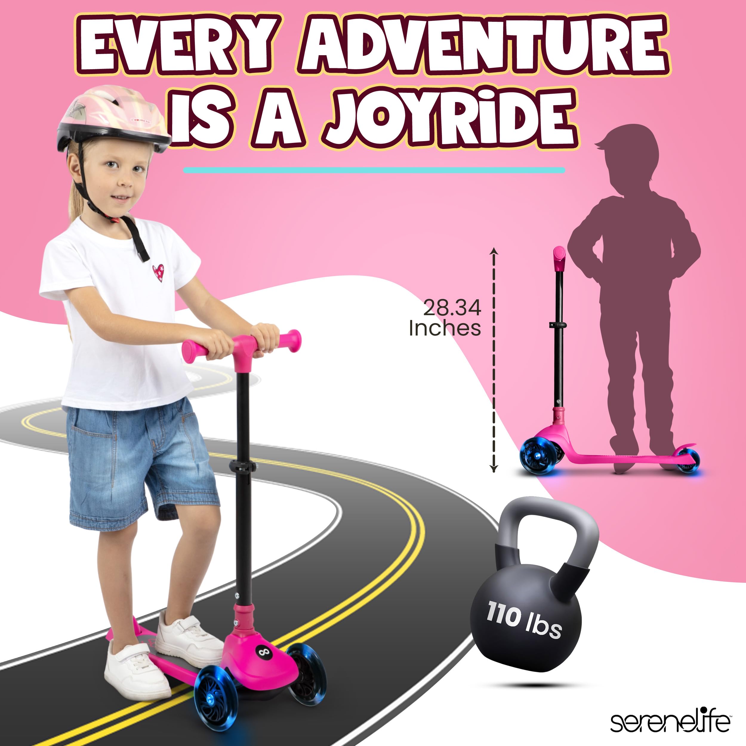 SereneLife 3-Wheel Foldable Kids Scooter – LED Wheel Lights, Adjustable Handlebar, Rear Foot Brake, Lean-to-Steer, Anti-Slip Deck – Ideal for Toddlers & Kids 3+, up to 110 lbs