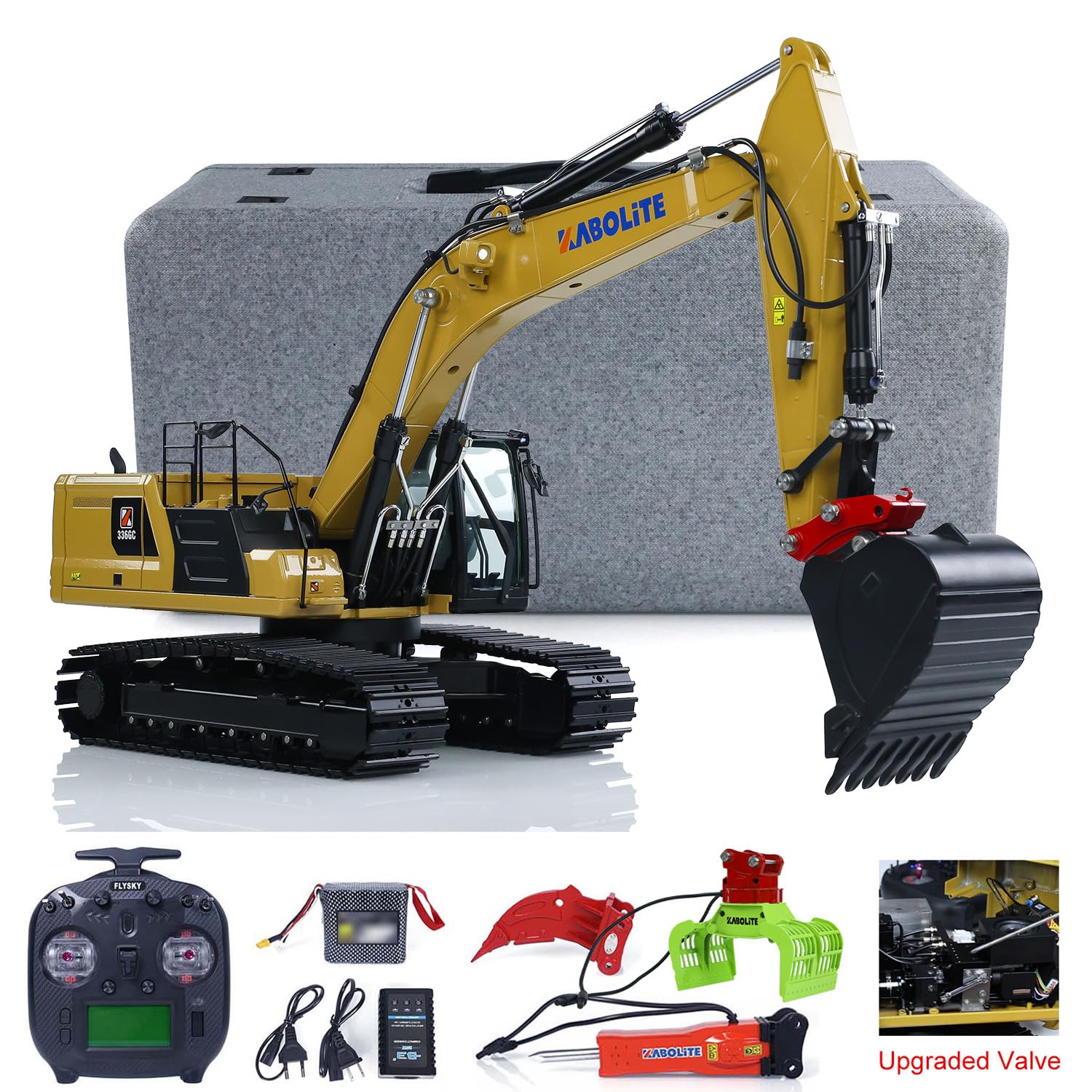 Cabolite K961 100S PRO 1/18 RC Escavatore idraulico RTR Flysky ST8 radiocomando 2S batteria, pinza elettrica, interruttore giallo
