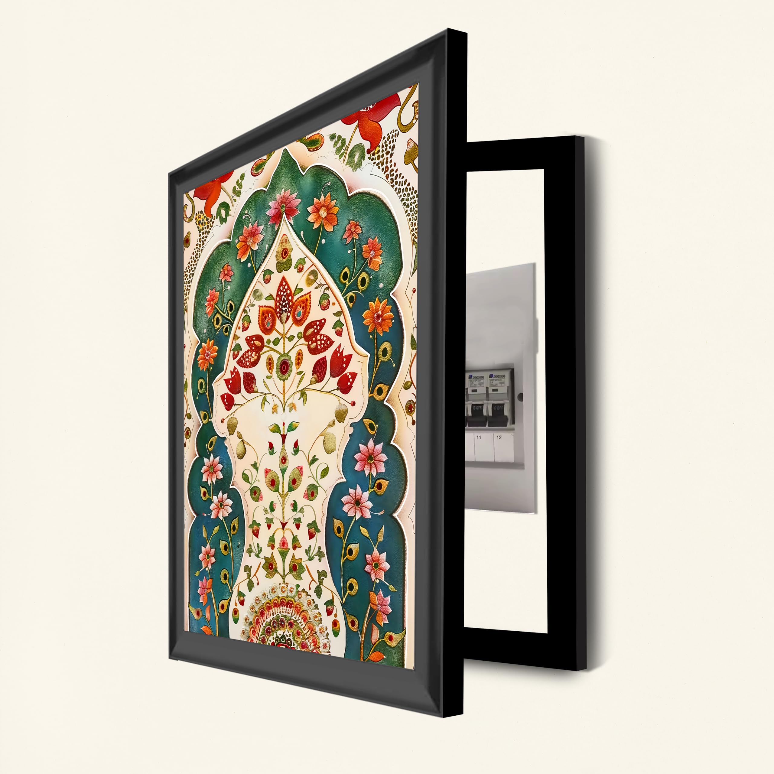 Painting Mantra Vertical Mughal Floral Art Decorative Framed Mcb Box, Electric Board Cover | Flip Counter Cover With Digital Art Print | Suits for Hallways, Lobby, Bed Room, Living Room (13x18 Inch)-image-29