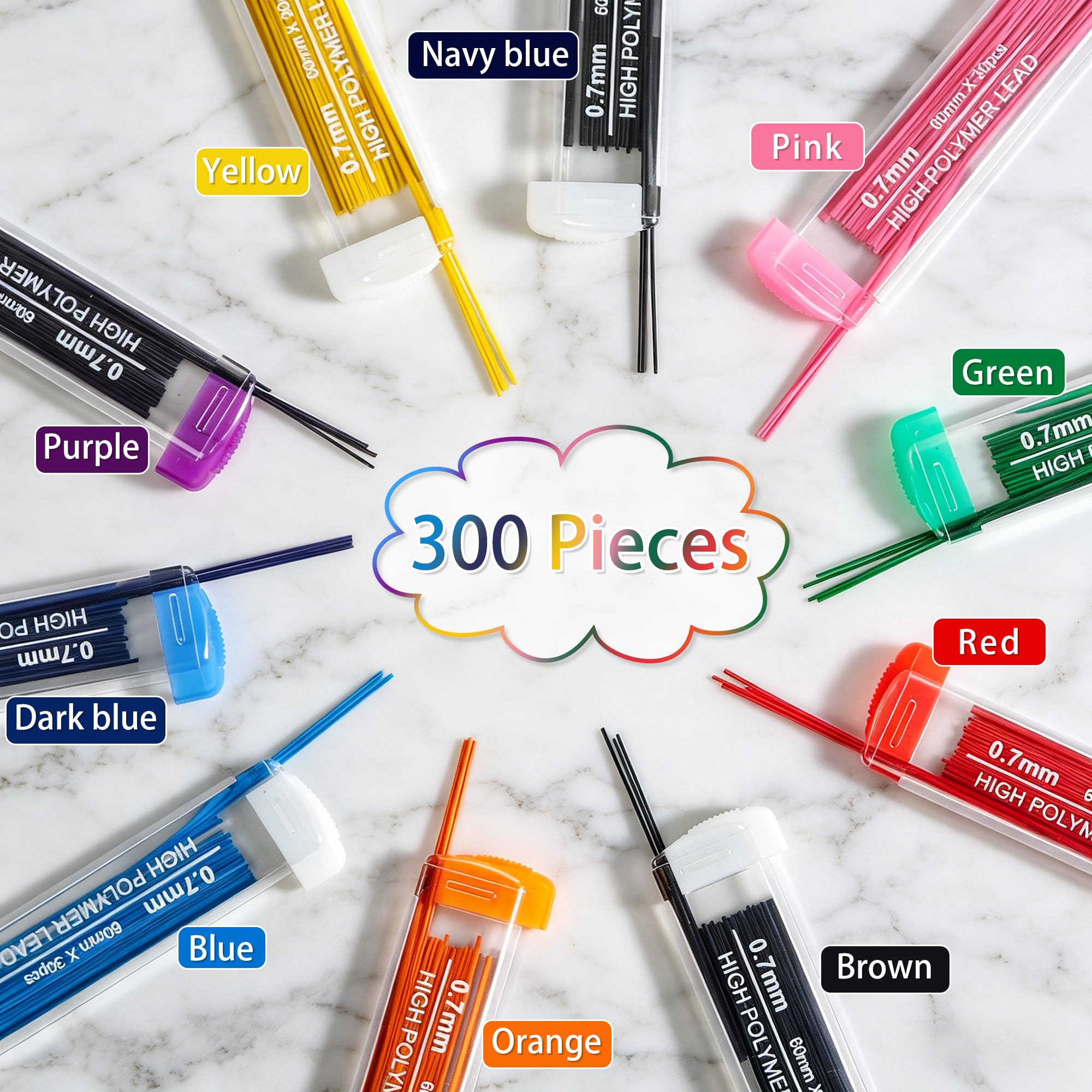 Lot de 300 mines de crayon de couleur HB de 0,7 mm pour étudiants, fournitures scolaires, maison, bureau, rentrée scolaire, cadeaux de crayon scolaire, 10 couleurs