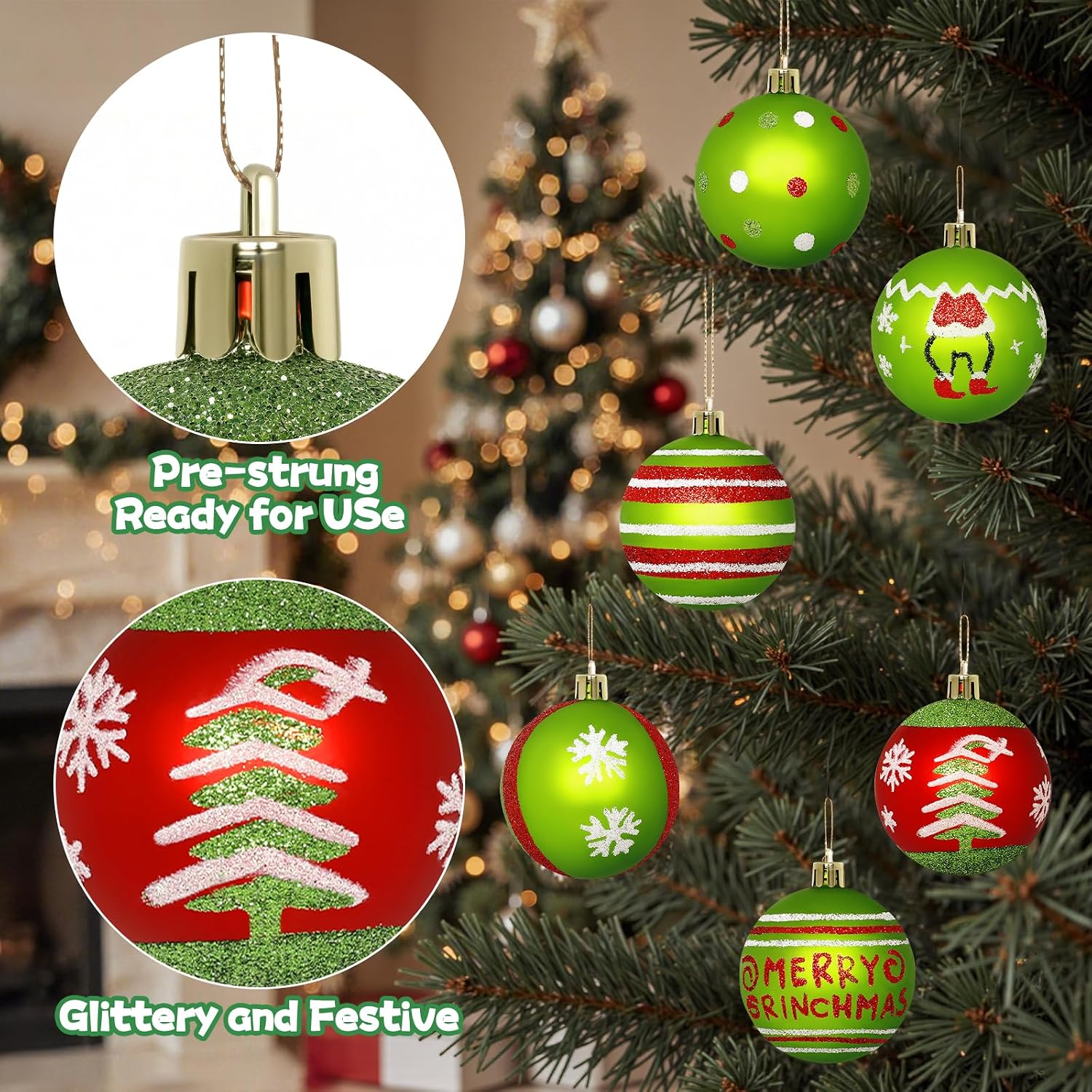 Set of 16 Christmas Tree Ornaments Decorations Balls 2.36'', Red and Green Glittery Christmas Hanging Balls Tree Decor Ornaments Indoor Decorations Shatterproof, Xmas Home Holiday Decor Presents