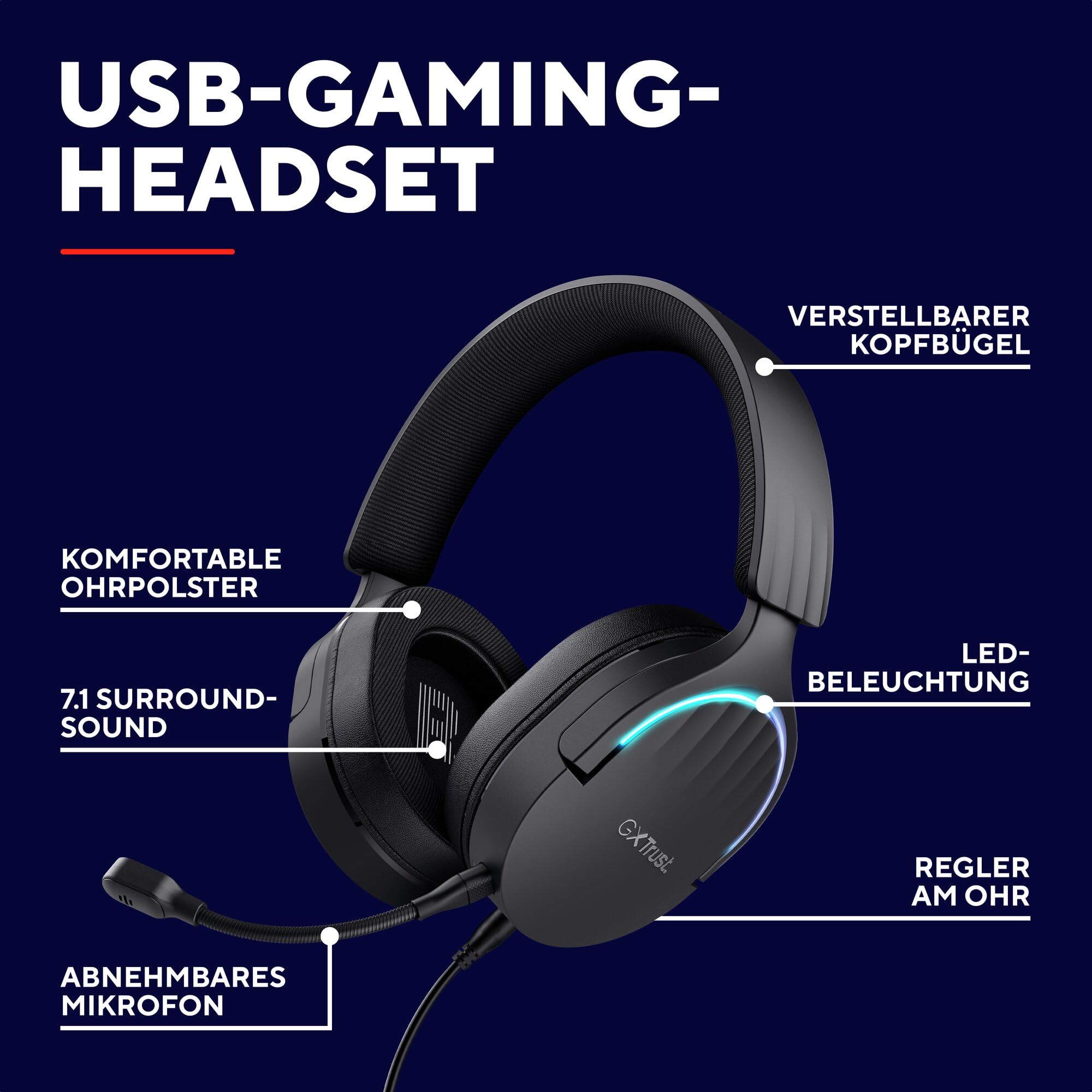 Trust Gaming GXT 490 Fayzo Gaming Headset USB 7.1 Surround Sound, 50mm Treiber, 85% Recyclingkunststoff, Mikrofon mit Geräuschunterdrückung, RGB Over-Ear Kopfhörer für PC PS5 - Schwarz