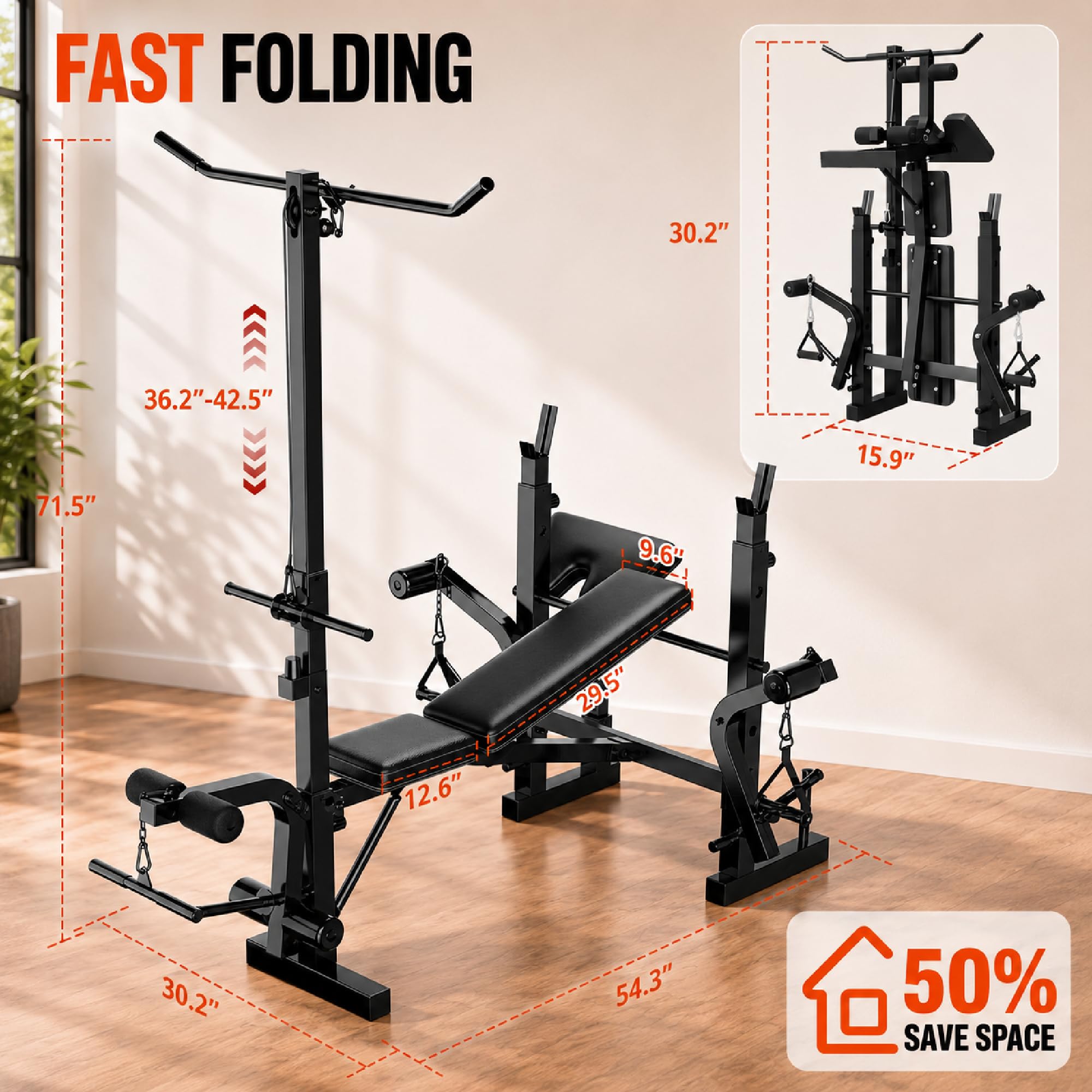 Weight Bench Set with Leg Extension & Preacher Curl Pad, 9-In-1 Adjustable Workout Bench Press with LAT Pulldown, Butterfly Arms & Squat Rack, Multi-Function Strength Training Equipment for Home Gym