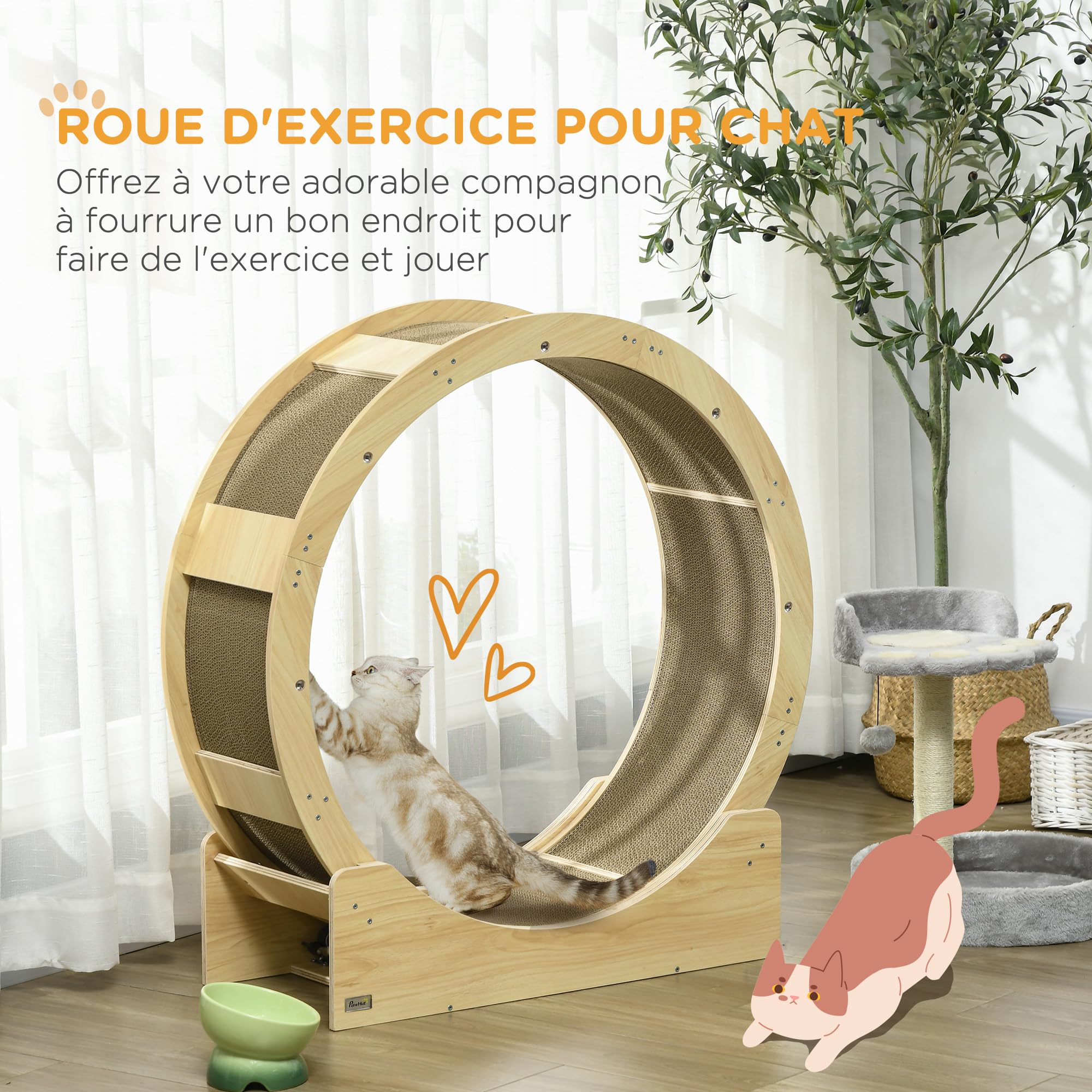 PawHut Roue d'exercice pour chat 91 cm, grande roue de course avec frein sécurisé et tapis de grattage amovible, tapis roulant ultra silencieux, pour perte poids, santé d'animaux de compagnie, naturel
