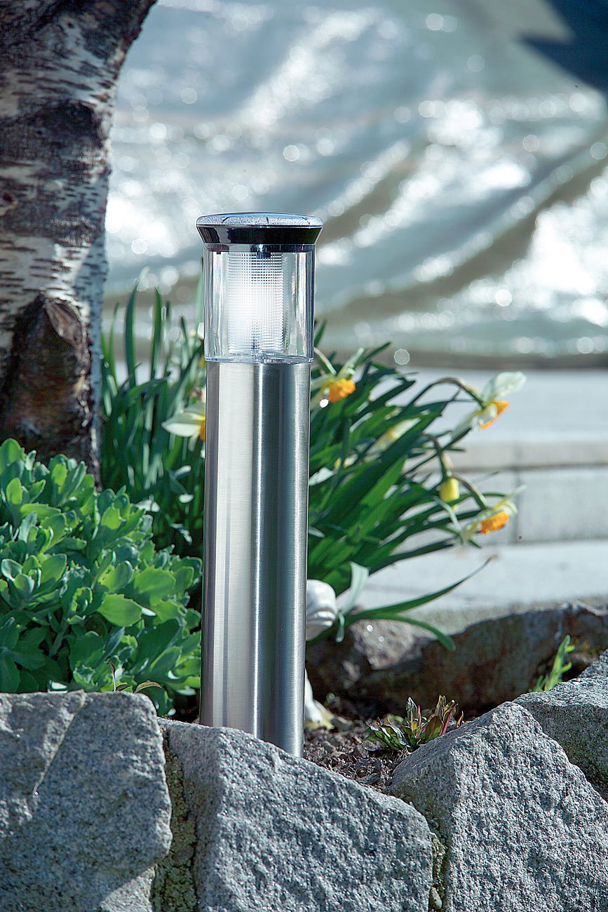 Lunartec LED Wegeleuchten Set: Edelstahl Solar Wegeleuchte Leuchtturm, mit Lichtsensor, 4er-Set (Solar Wegleuchte, Solarleuchten für Gartenwege, Boden)