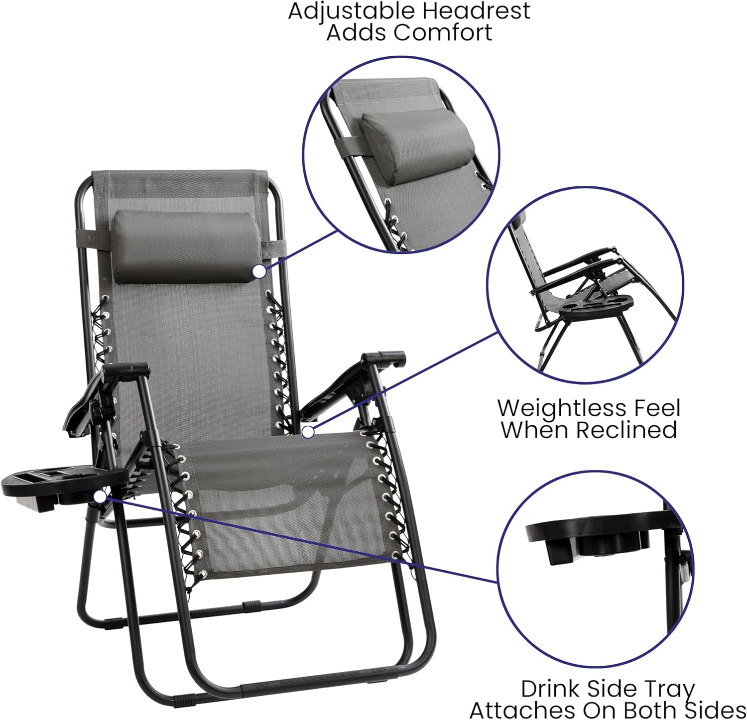 Flash Furniture Celestial Adjustable Folding Mesh Zero Gravity Reclining Lounge Chair with Pillow and Cup Holder Tray in Gray, Set of 2