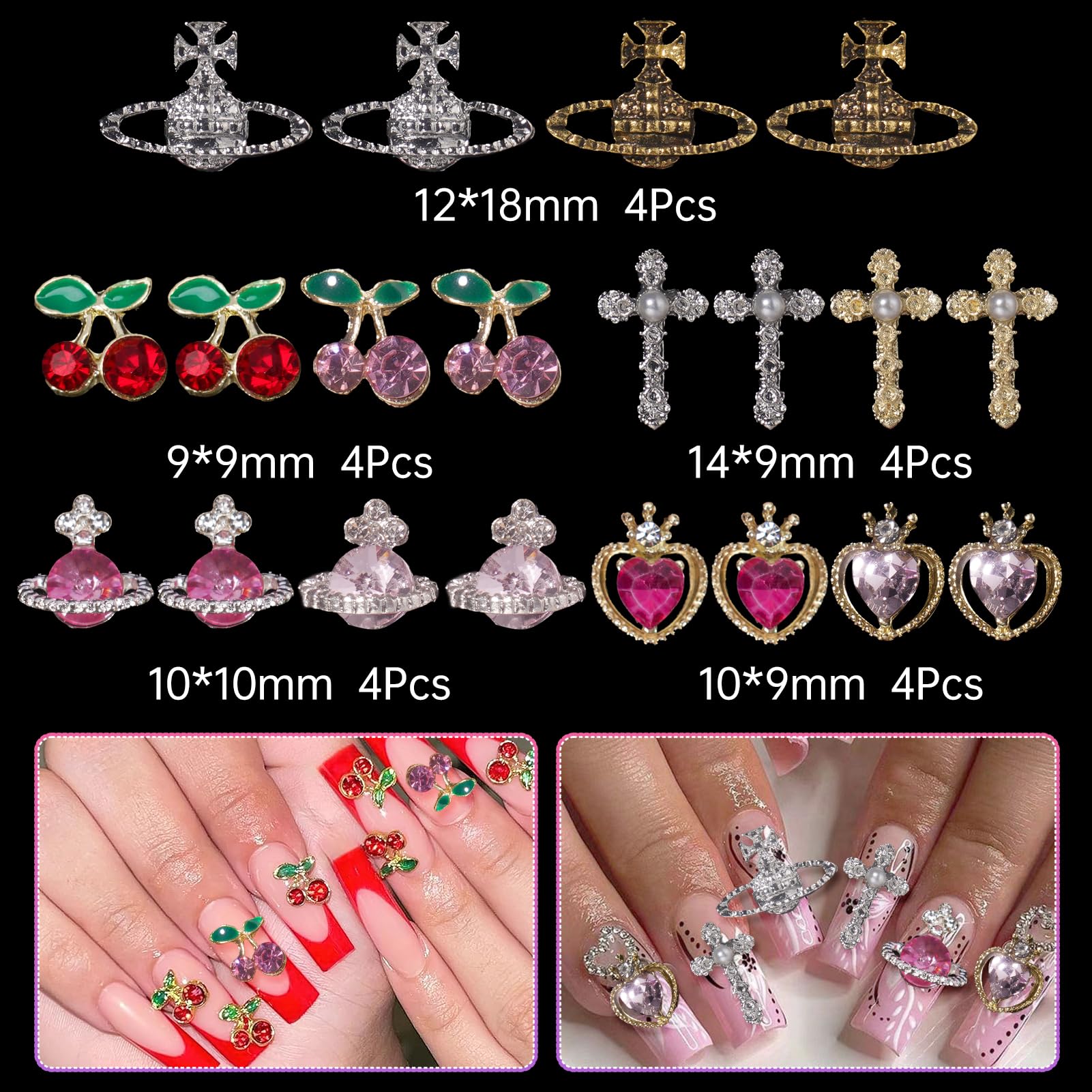 Tatiwoo Assorted 3D Pink Nail Gems Charms, 24 Pieces - Metal & Glass, Includes Bow, Heart, Star, Moon, Butterfly & Flower Designs for Nail Art DIY Decal Manicure Accessories
