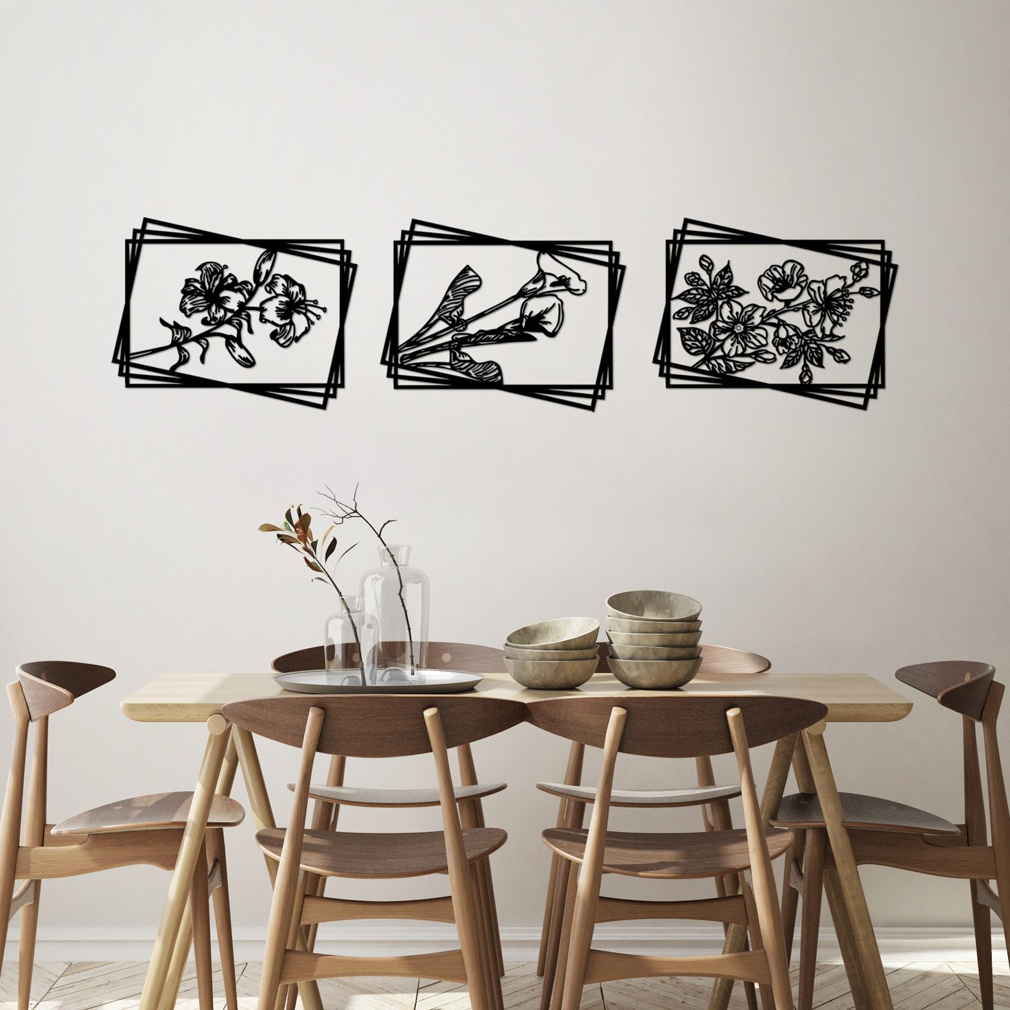 Hanah Home Elegante accesorio decorativo de pared de metal negro (3 piezas), 47 x 60 cm, 100% metal, 1,5 mm de grosor, perfecto para decoración moderna del hogar y paredes de galería