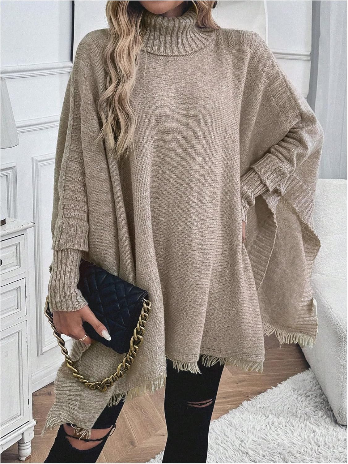 MakeMeChic Women's Poncho Sweater Long Sleeve High Neck Distressed Hem Fall Pullover Tops - Image 4