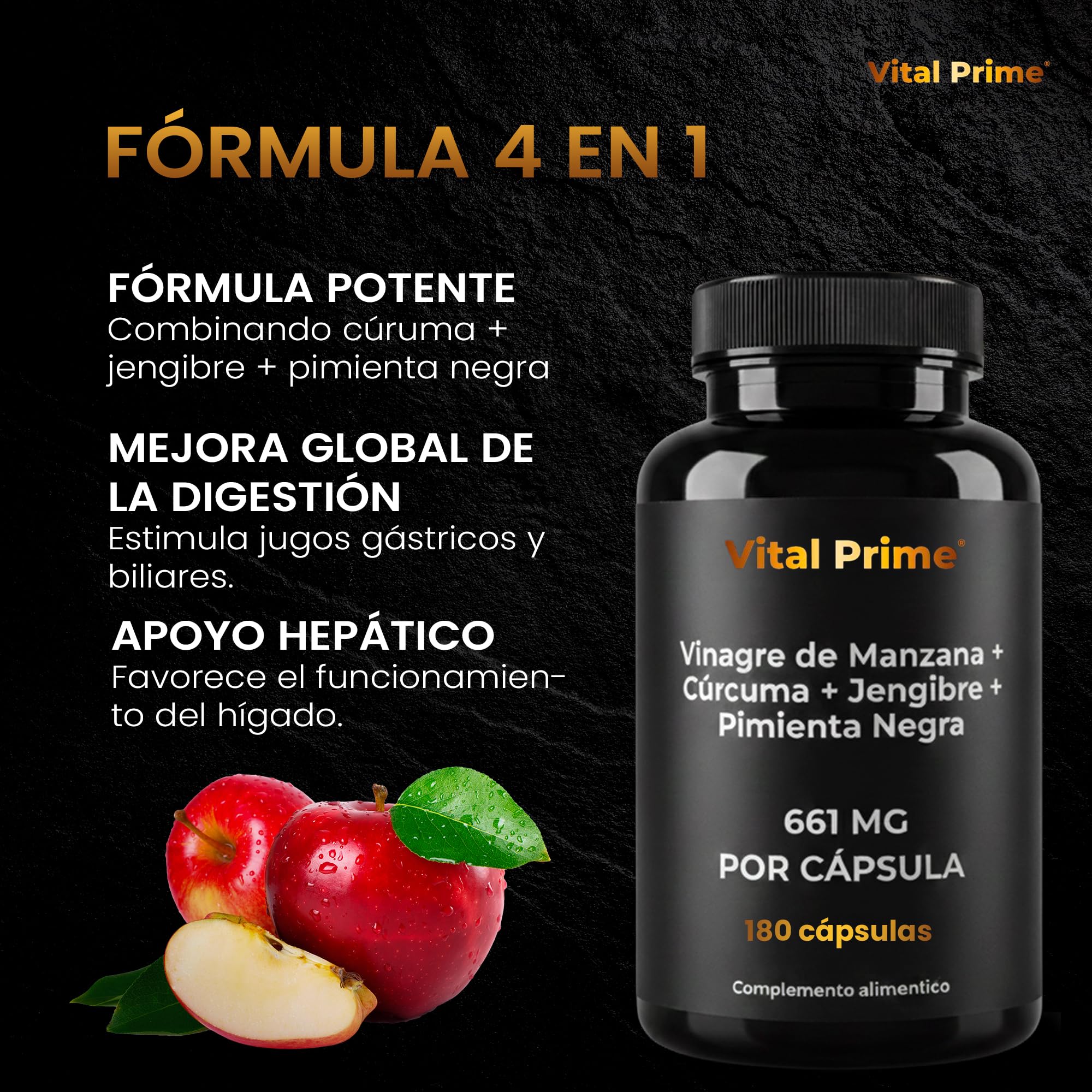 VITAL PRIME Vinagre de Manzana Capsulas 180 Cápsulas 661mg por Cápsula con Cúrcuma, Jengibre y Pimienta Negra con la Madre | Suministro para 6 Meses | Cápsulas de Vinagre de Manzana Apto para Veganos — view 9