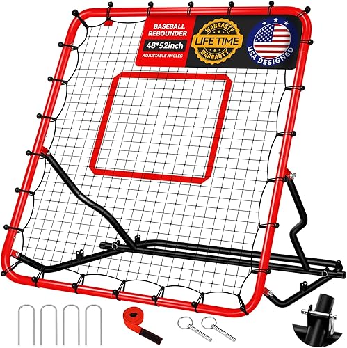 Miniatura 1 de Red de rebote de béisbol de 48 x 52 pulgadas con 3 ángulos ajustables, anti-UV, fácil almacenamiento, entrenador de campo de béisbol con 4 estacas,
