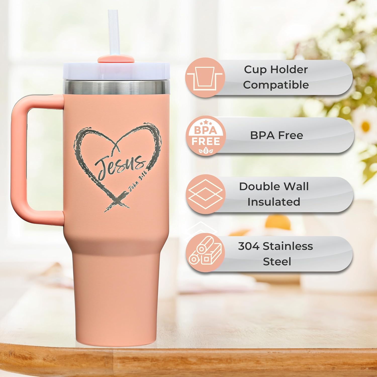 Christian Gifts for Women – 40oz Tumbler with Bible Verse, Baptism or Birthday Faith-Based Religious Gift, Jesus Cup (Sunset Peach) - Image 3