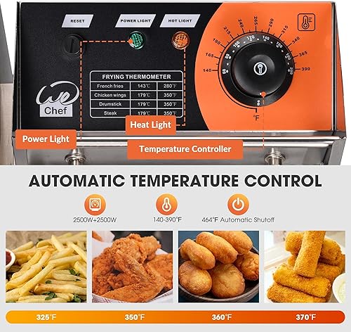 Miniatura 2 de WeChef Freidora eléctrica para encimera, 20L, 5000 W, freidora comercial de acero inoxidable, tanque grande con cesta para restaurante comercial