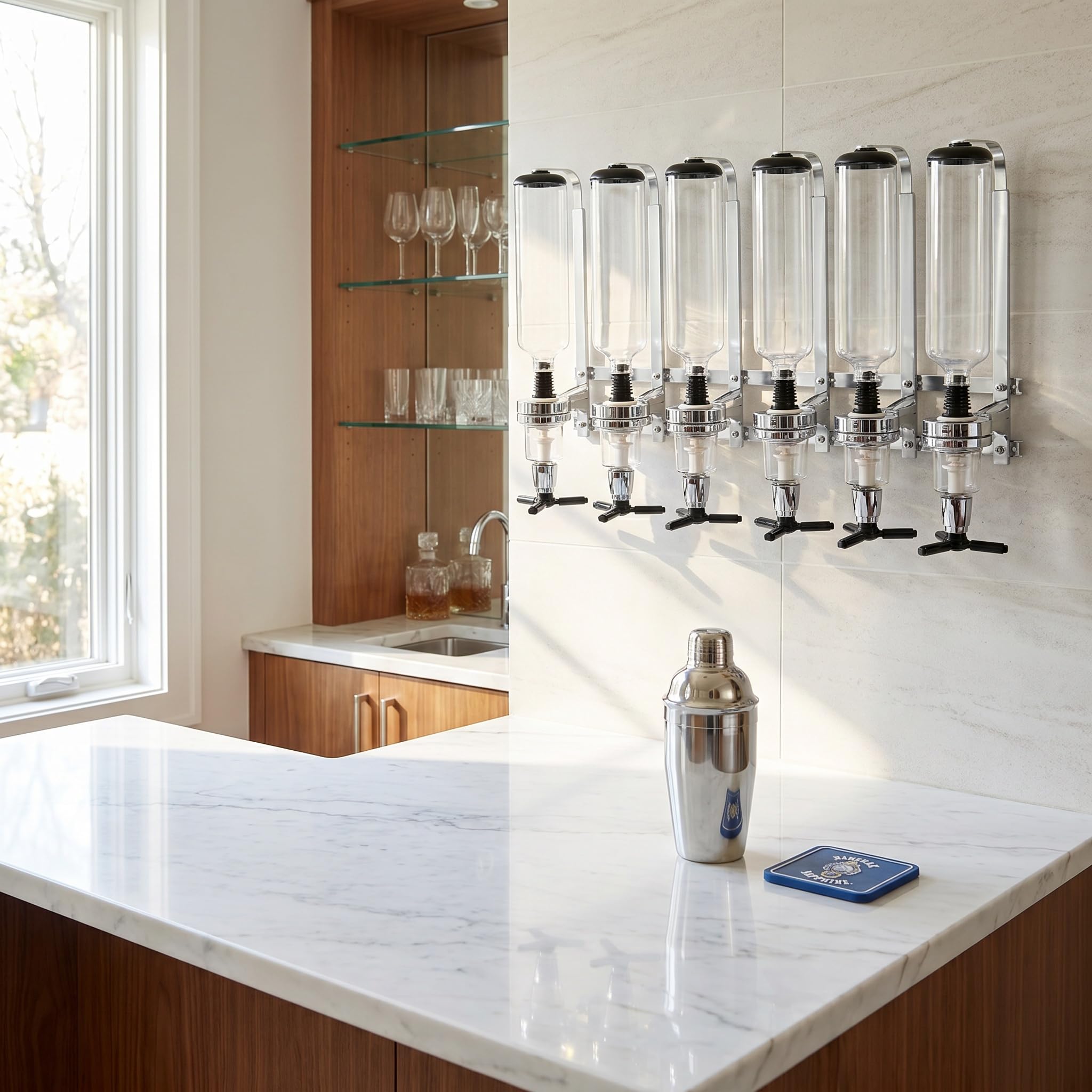Dispensador De Licores Y Alcohol De Pared para 6 Botellas, Soporte De Bebidas De Acero Inoxidable, Ideal para Bares Y Fiestas En Casa. Apto para Vino, Cócteles, Bebidas Alcohólicas Y Zumos.