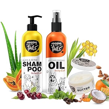 Wagging Tails 3 in 1 Combo for Pets| Slick and Shine Shampoo 200ml + Massage Oil 200ml + Paw Butter 50gm| Natural Ingredients Grooming Combo Kit for Dogs, Cats & Puppies