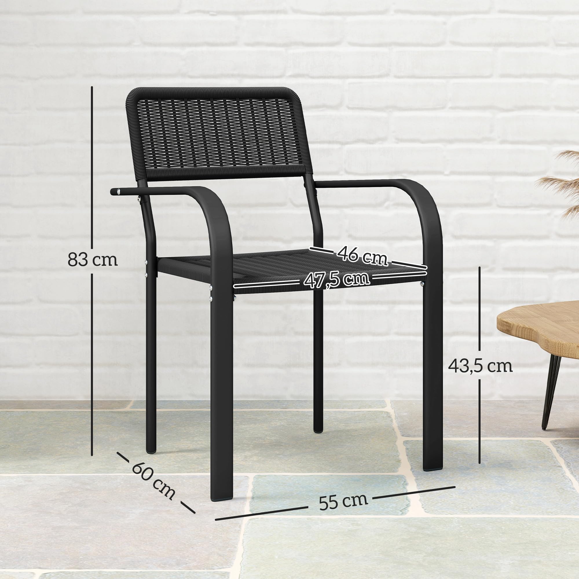 Outsunny Juego de 4 Sillas de Jardín Exterior Apilables, Sillas de Comedor Exterior Efecto Ratán, con Reposabrazos, Marco de Acero, Resistente a la Intemperie y Ligero, 55x60x83 cm, Negro