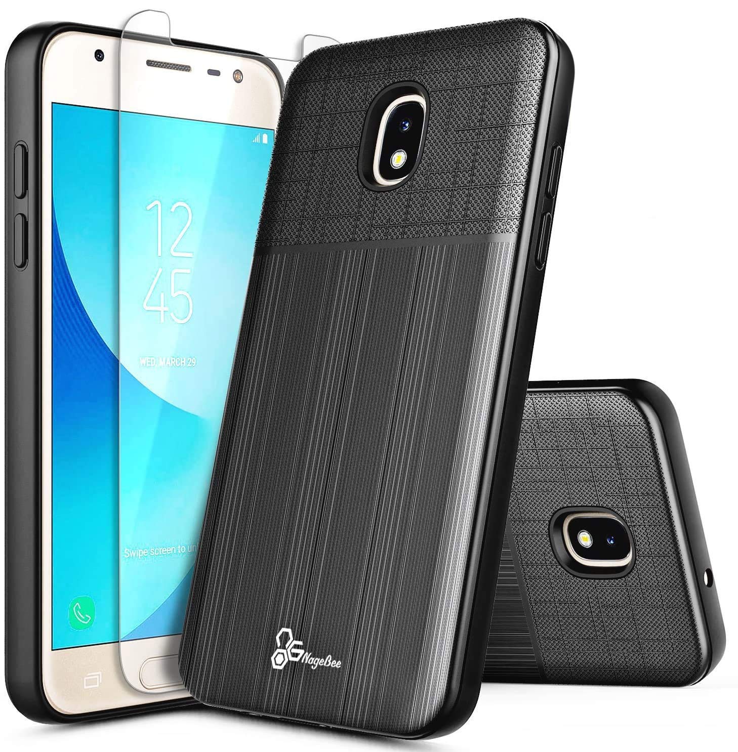 E-Began Case for Samsung Galaxy J3 Orbit, J3 2018/J3 V 3rd 2018/Express Prime 3/Achieve/J3 Star/Sol 3/Aura with Tempered Glass Screen Protector, Hybrid Dual Layer Protective Case (Black)