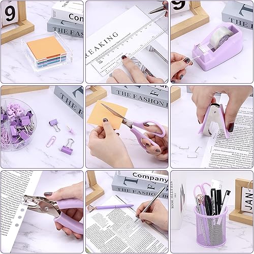 Miniatura 5 de 17 in 1 Purple Desk Organizers and Accessories Set, 3 Office Desk Supplies Storage Organization, 4 Pens, Stapler, Staples & Remover, Tape & Morado