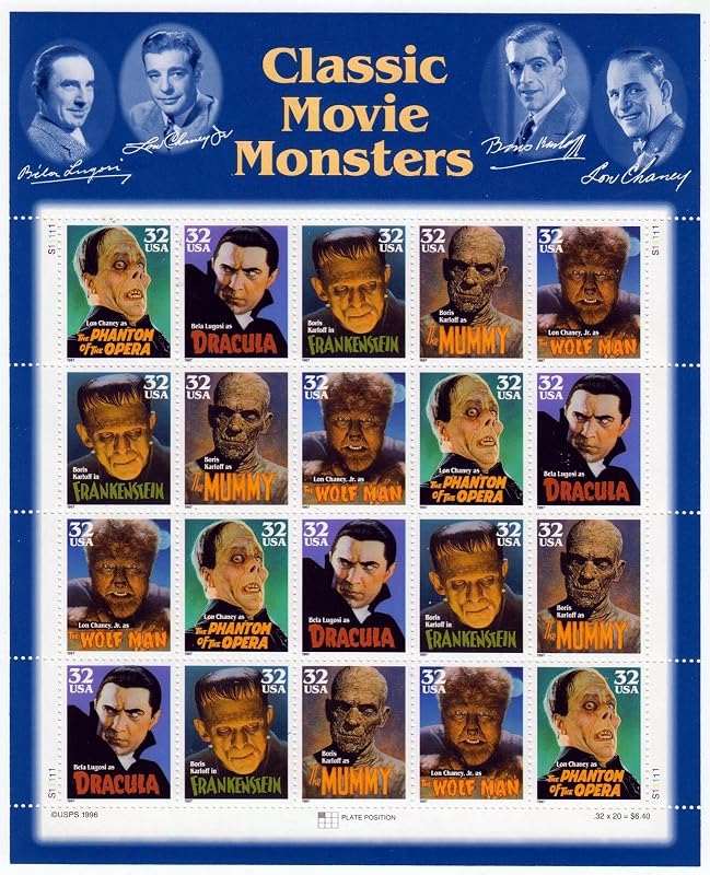 USPS Classic Movie Monsters Sello coleccionable Hoja de 32 centavos Scott 3168