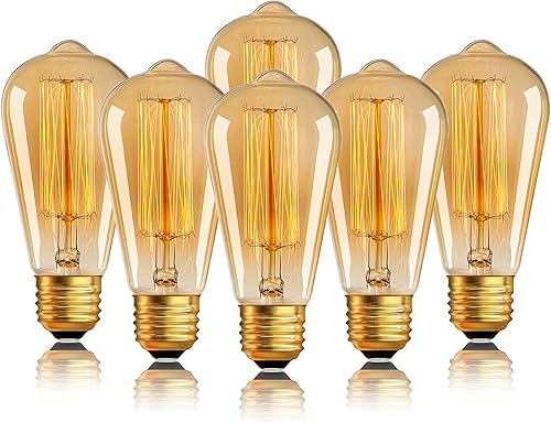 Bombillas Edison antiguas de 110 V 60 W, paquete de 6 bombillas incandescentes decorativas ST64 de 280 lúmenes, 2200 K, ámbar, regulables, base