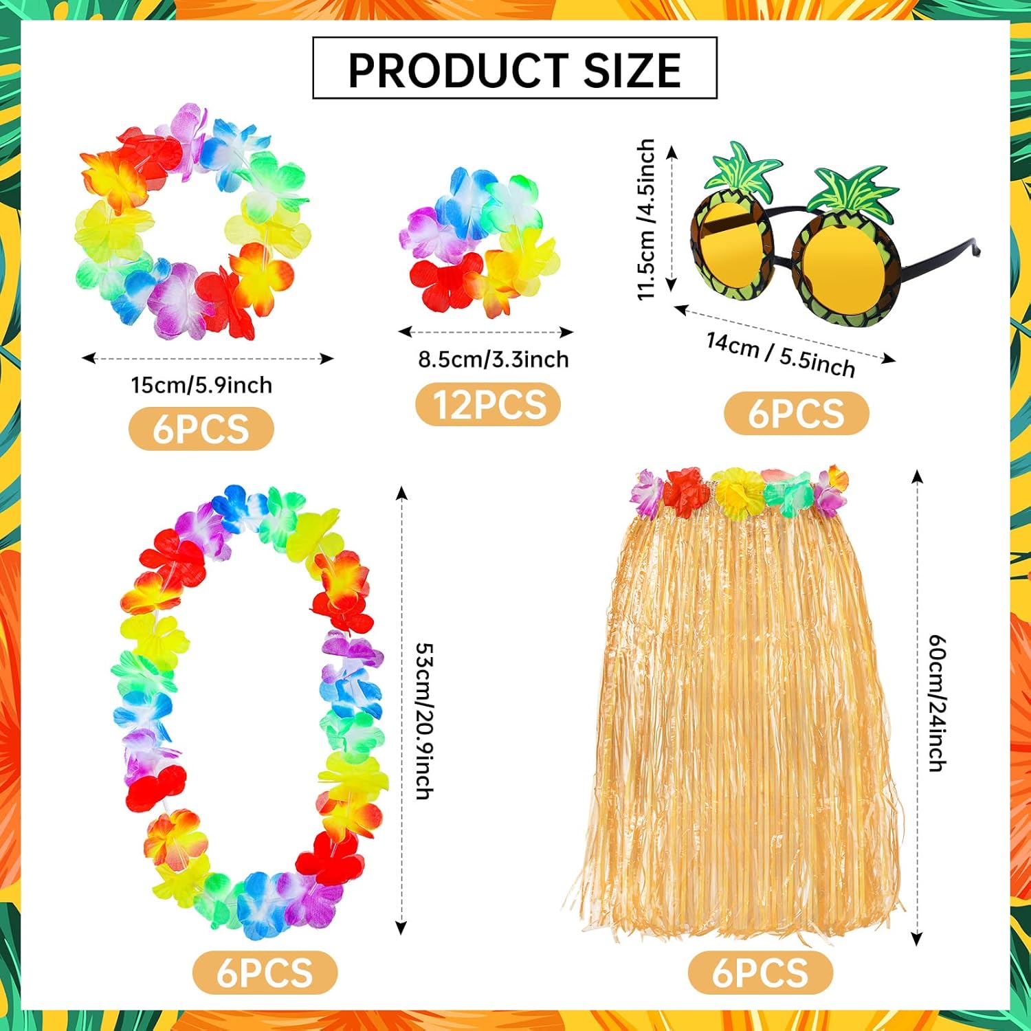 6 Set 60 cm Hawaiian Luau Hula Grass Skirt Pineapple Sunglass Flowers for Holiday Hawaiian Christmas Party Cosplay - Image 3