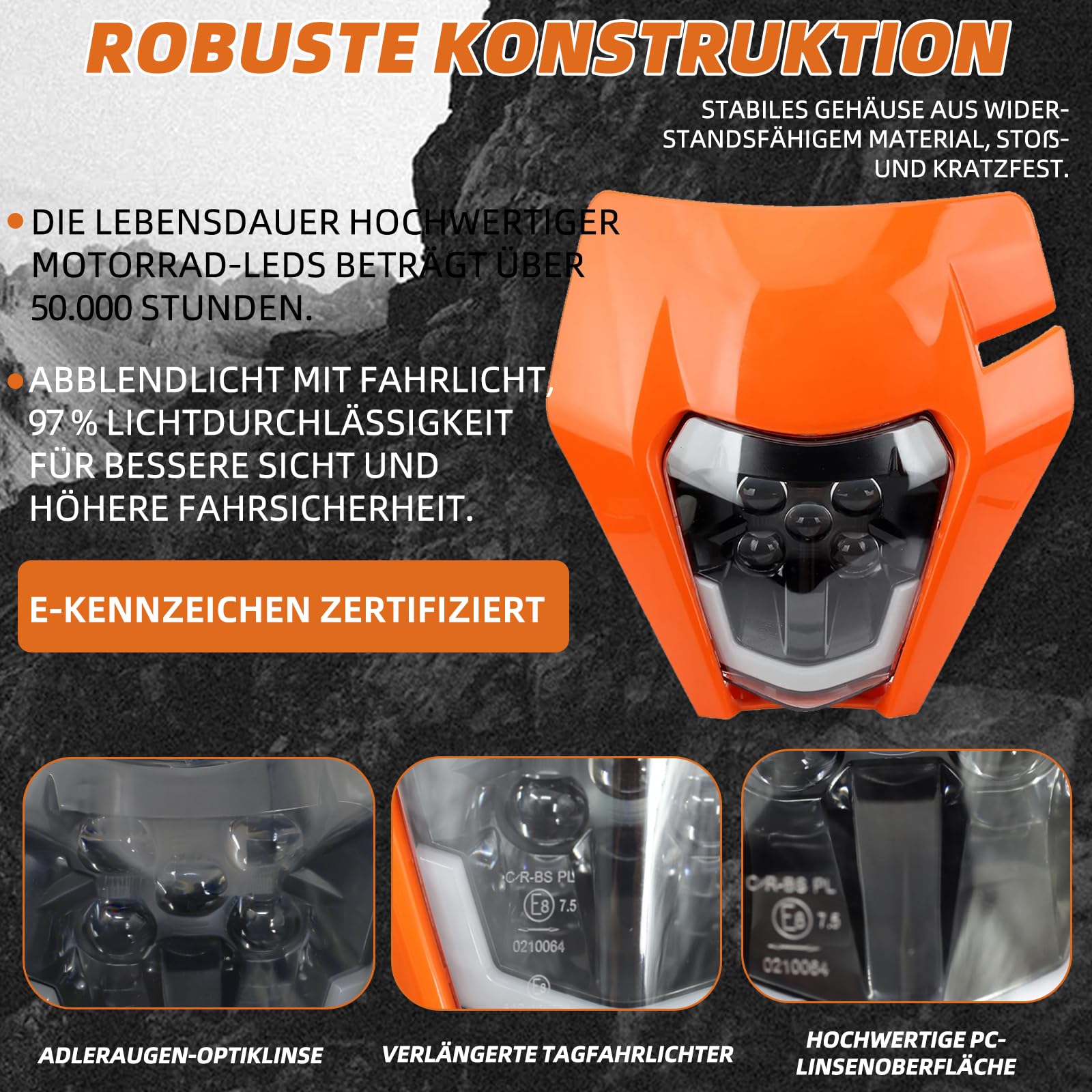 Motorrad Scheinwerfer LED Hauptlicht für KTM EXC250 SX250 SXF250 EXC450 SX350 SXF450 EXC525 640LC4 125cc Enduro Supermoto Offroad Dirt Bike (Orangerot)