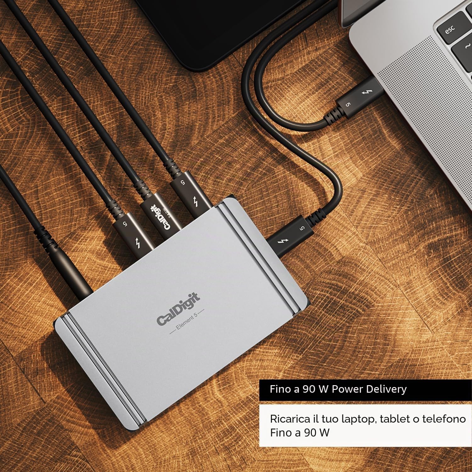 CalDigit E5 – Thunderbolt 5 Element 5 Hub – 9 porte, 4 x Thunderbolt 5/USB4 v2 porte, 3 x USB-A & 2 x USB-C 10 Gbps Ports, Single 8K, Dual 6K/8K, Oro Dual 4K@240Hz Displays, 90 W Charging, 0,8 m Cavo