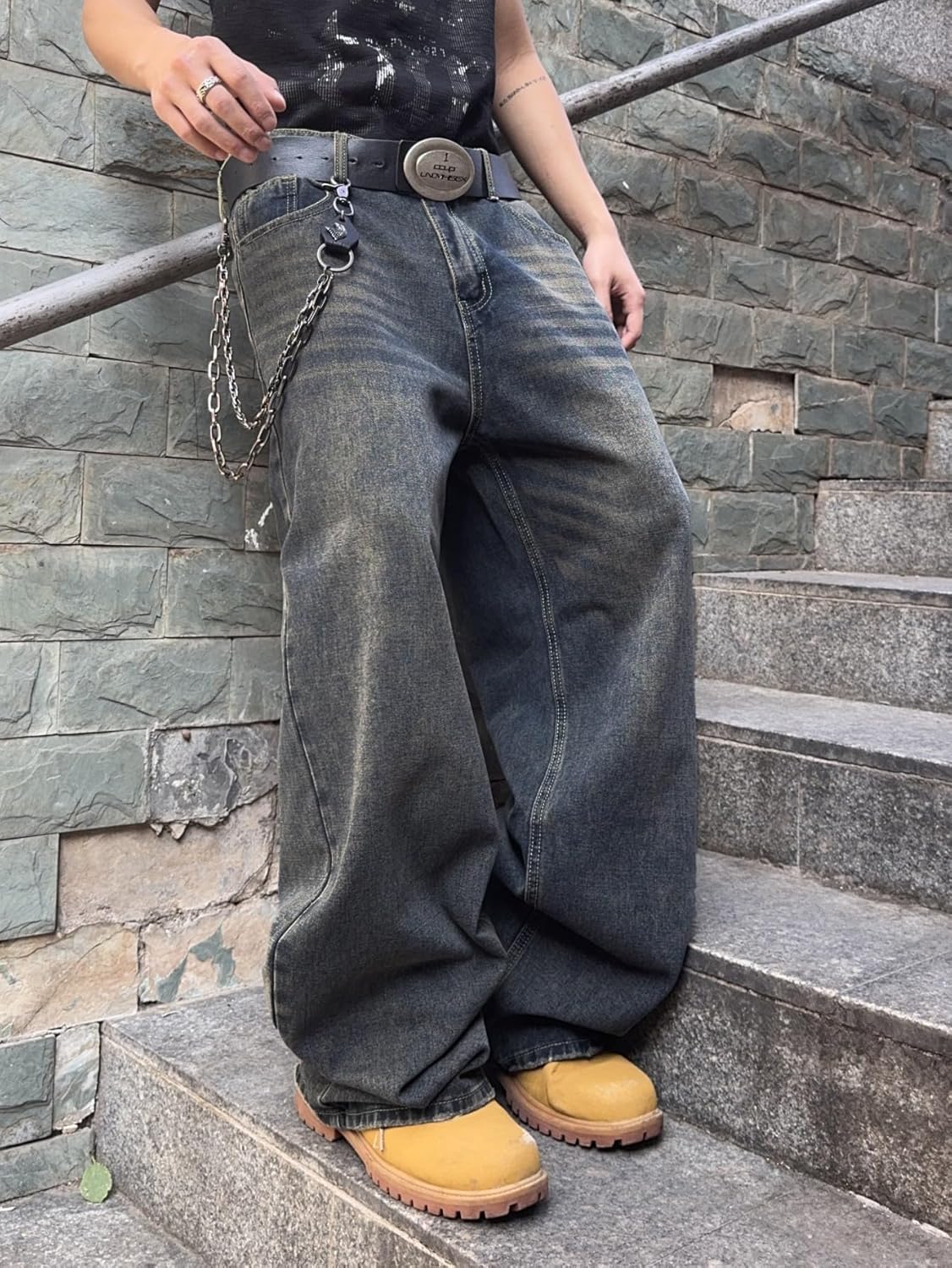 Mens Streetwear Hip Hop Baggy Jeans Wide Leg Skater Denim Pants Loose Long Trousers - Image 2